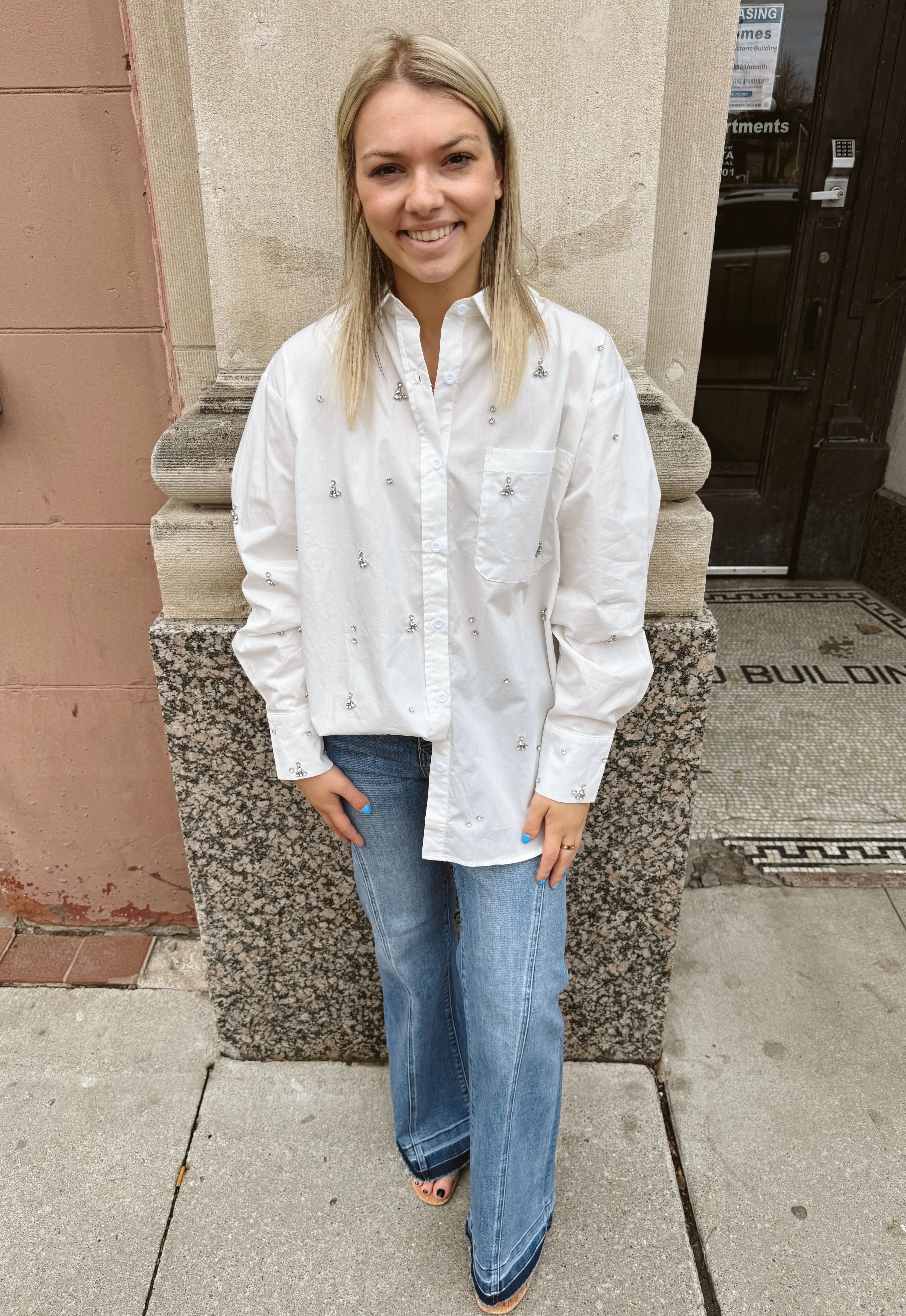 Jewel Studded White Button Down Shirt-Long Sleeve Tops-blue B-The Silo Boutique, Women's Fashion Boutique Located in Warren and Grand Forks North Dakota