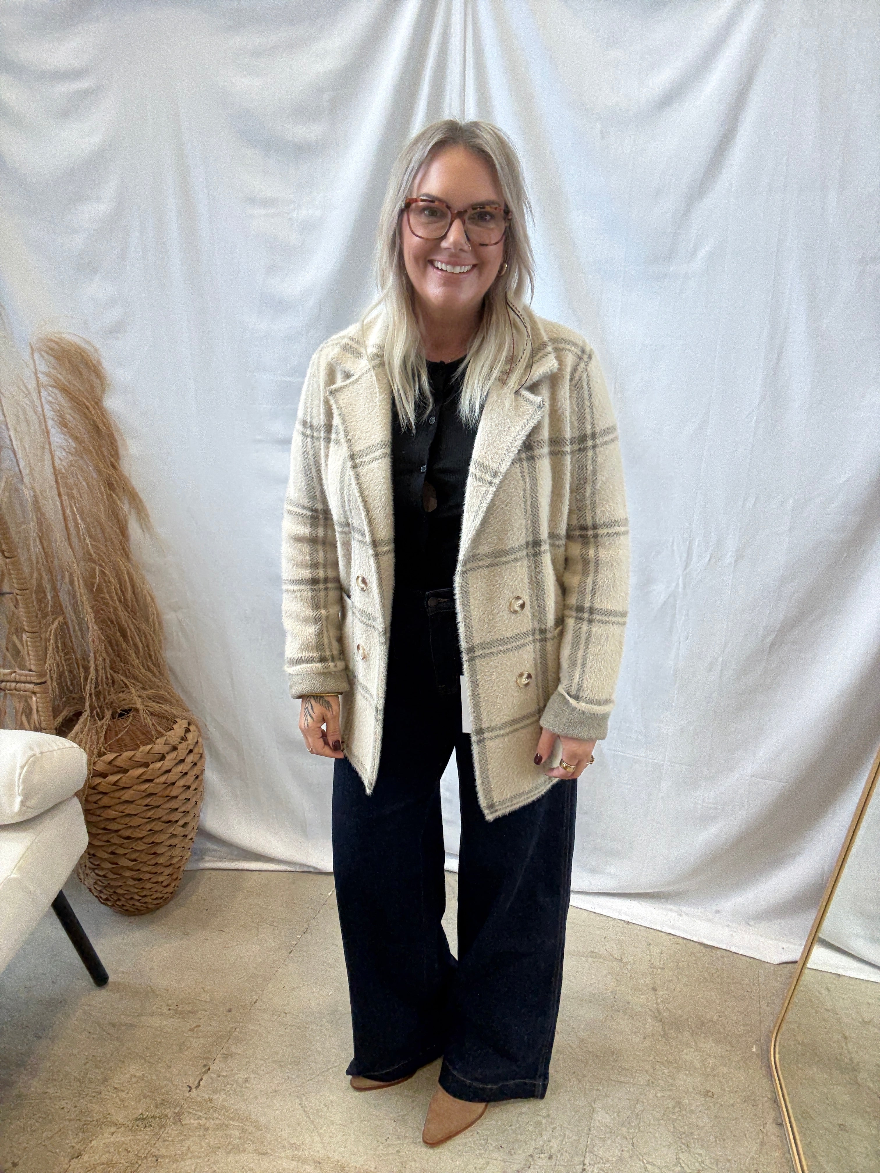 Khaki Plaid Fuzzy Coatigan-Cardigans-be cool-The Silo Boutique, Women's Fashion Boutique Located in Warren and Grand Forks North Dakota
