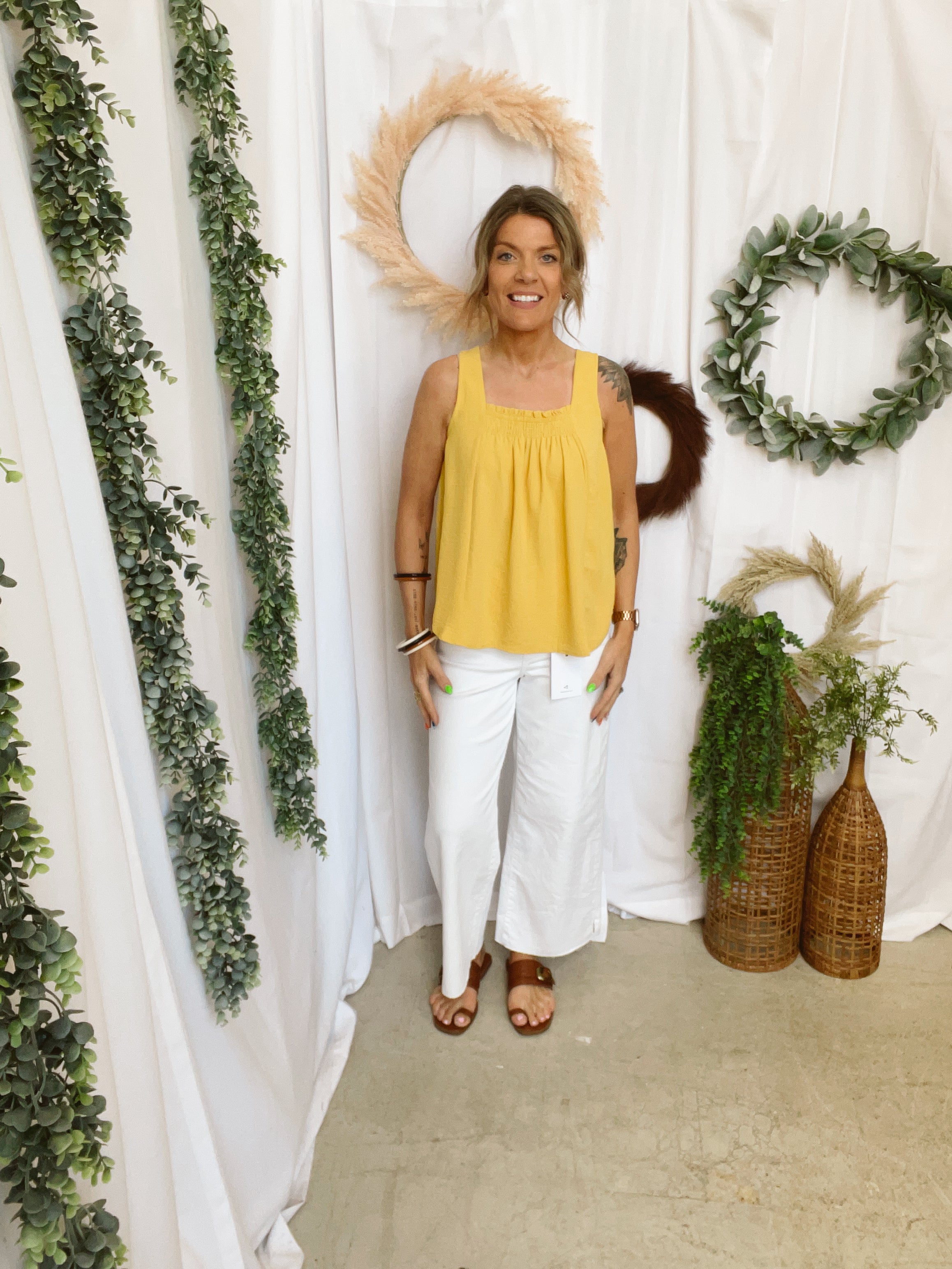 Mustard Smocked Tank Top-Tank Tops-staccato-The Silo Boutique, Women's Fashion Boutique Located in Warren and Grand Forks North Dakota