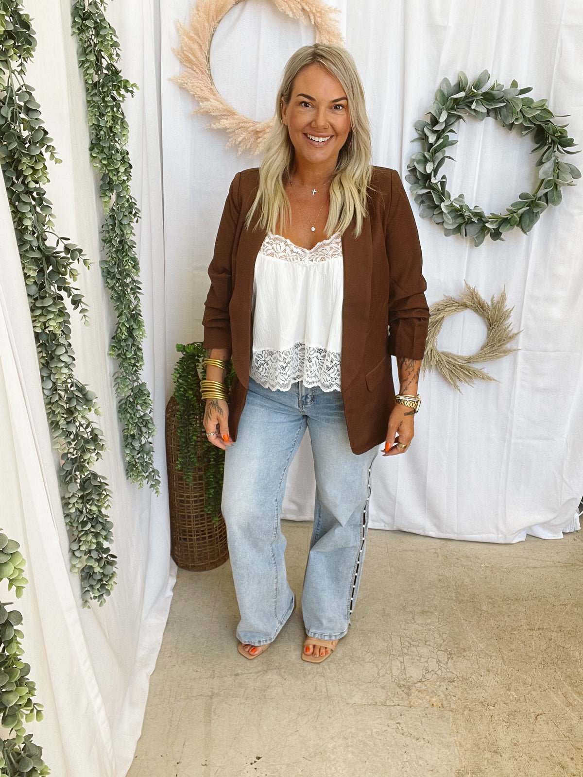 Brown Ruched Sleeve Blazer-Blazers-mystree-The Silo Boutique, Women's Fashion Boutique Located in Warren and Grand Forks North Dakota