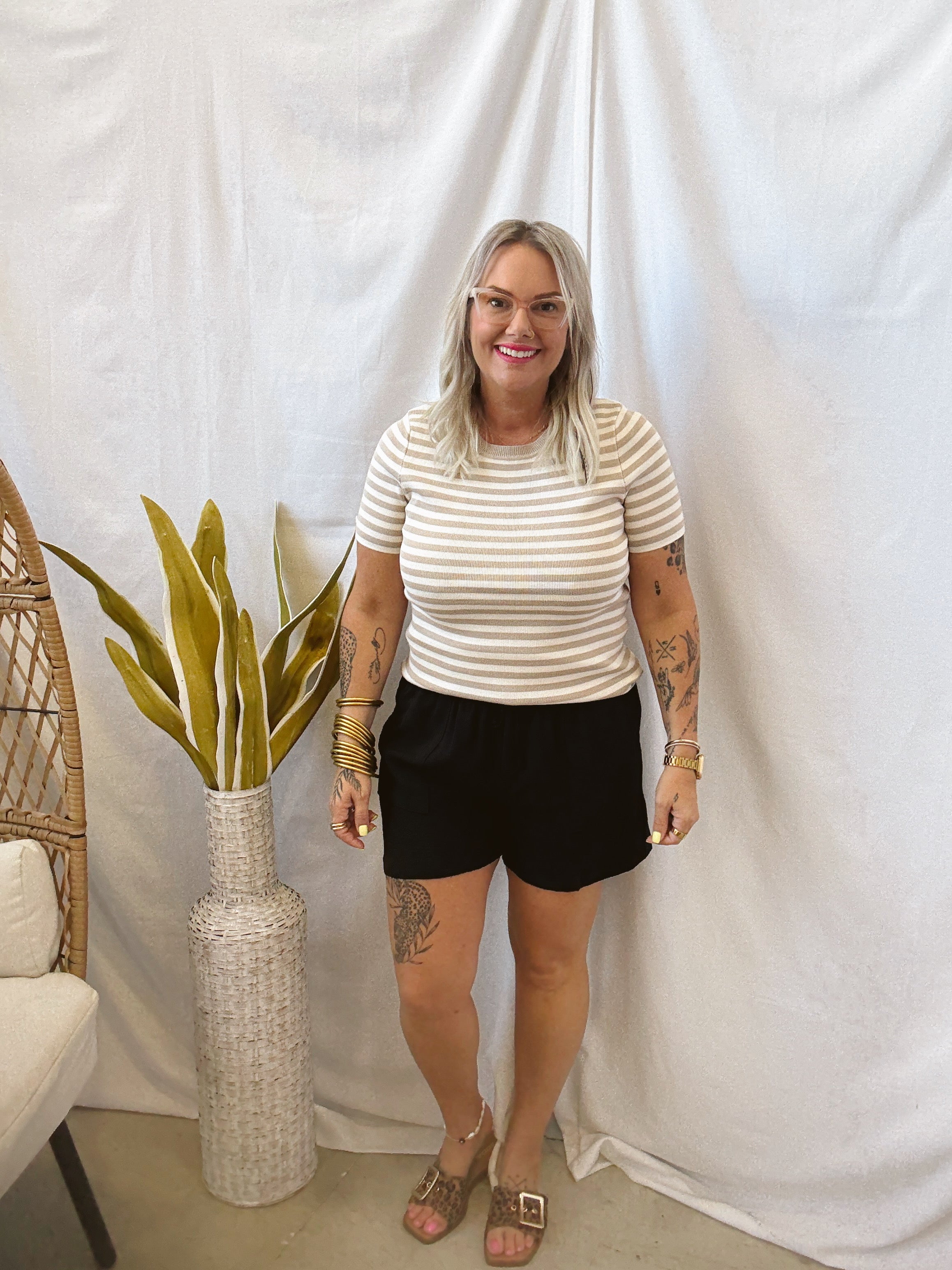 Taupe Stripe Crew Short Sleeve Top-Short Sleeve Tops-stacatto-The Silo Boutique, Women's Fashion Boutique Located in Warren and Grand Forks North Dakota