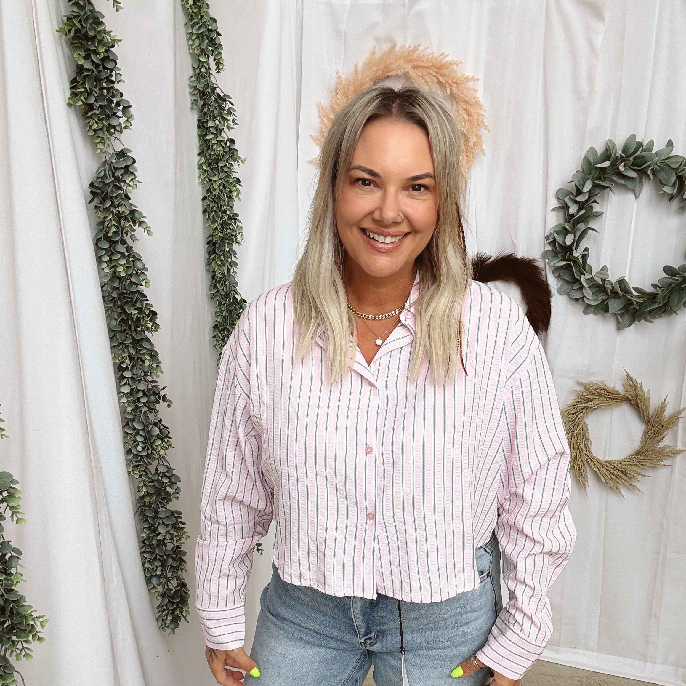Pinstripe Crop Button Down Top-Long Sleeve Tops-curds-The Silo Boutique, Women's Fashion Boutique Located in Warren and Grand Forks North Dakota
