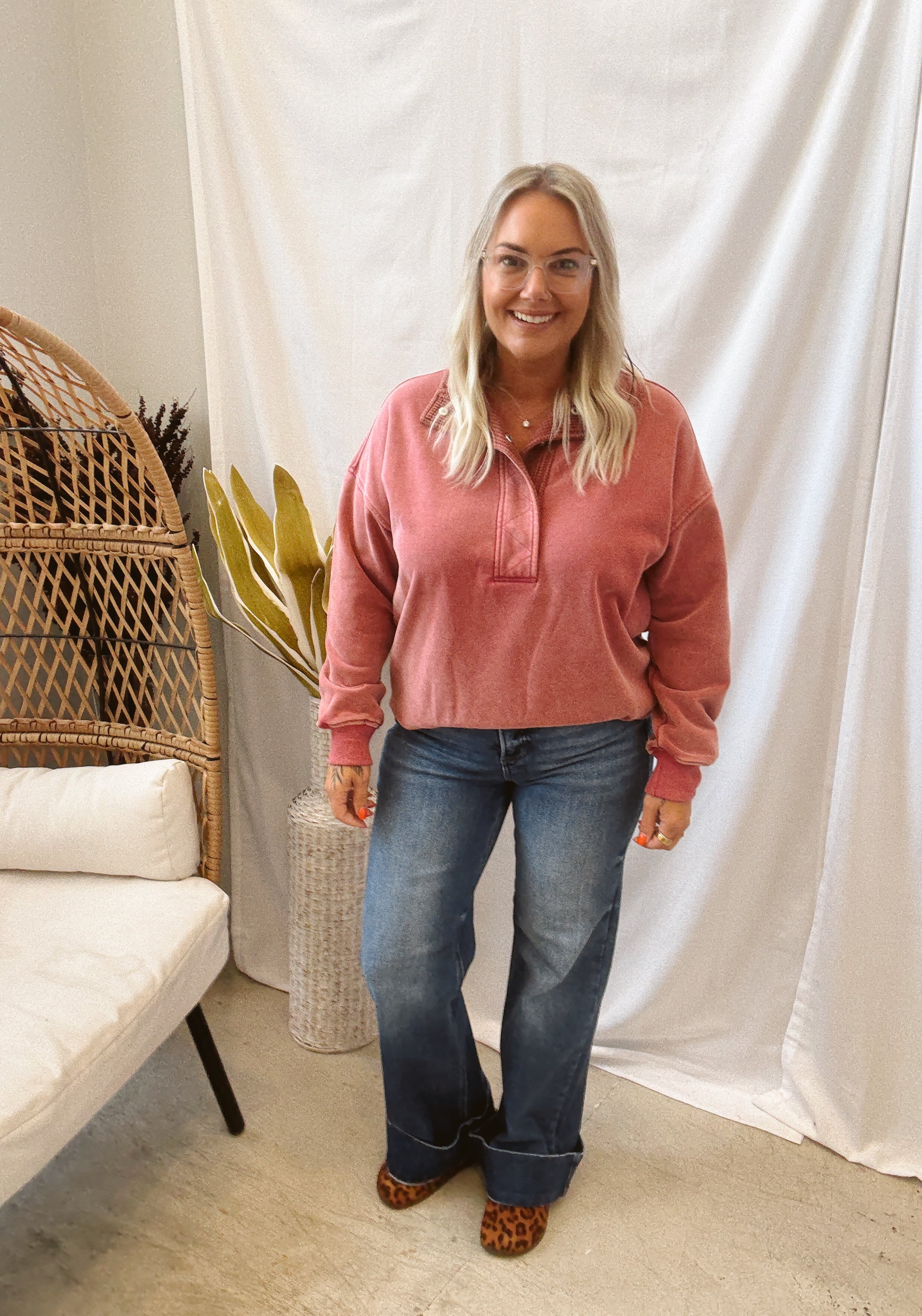 Vintage Red Waffle Mix Quarter Pullover Sweatshirt-Sweatshirts-hem and thread-The Silo Boutique, Women's Fashion Boutique Located in Warren and Grand Forks North Dakota