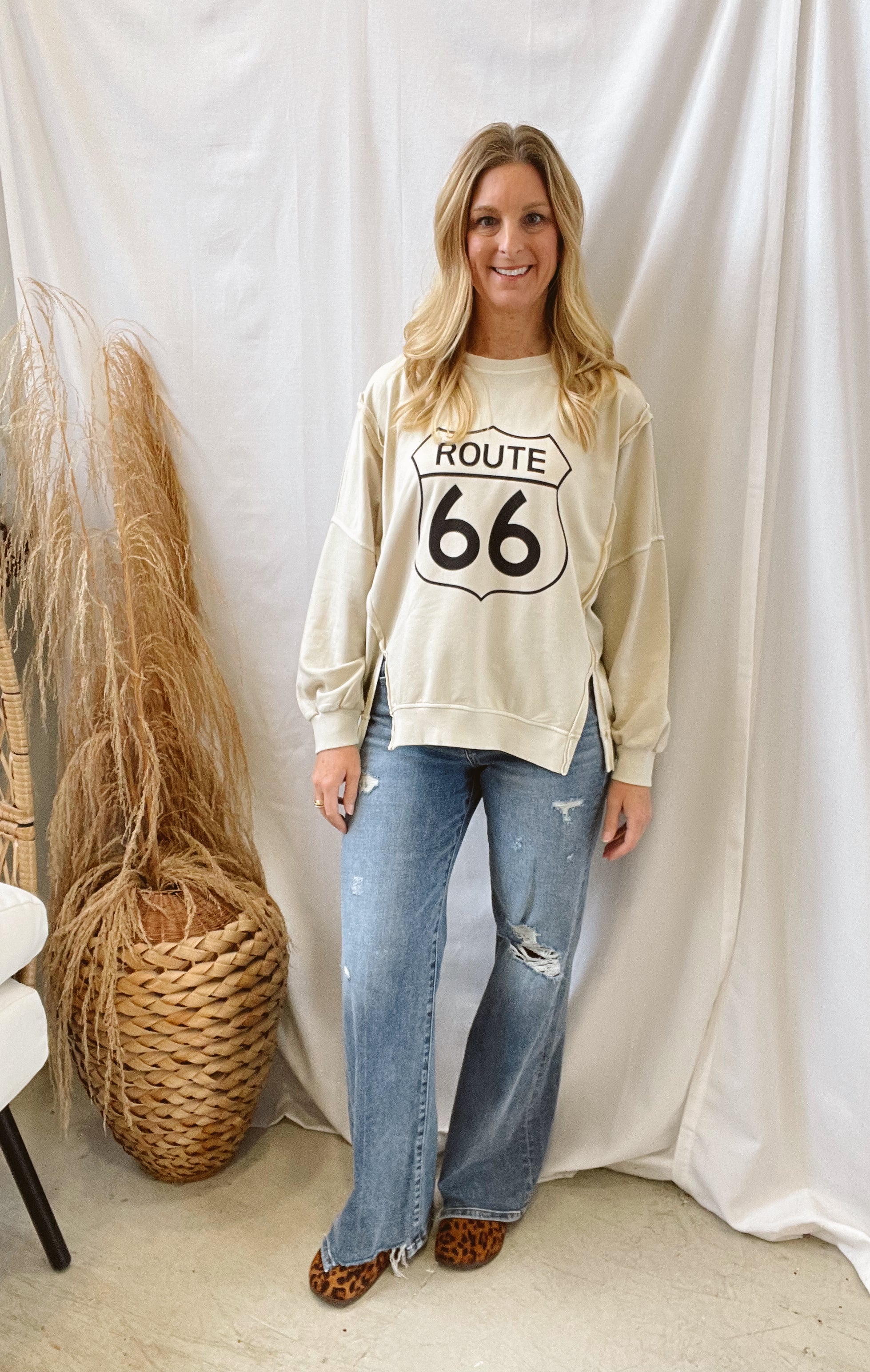 Route 66 Soft Sweatshirt-Sweatshirts-blu pepper-The Silo Boutique, Women's Fashion Boutique Located in Warren and Grand Forks North Dakota