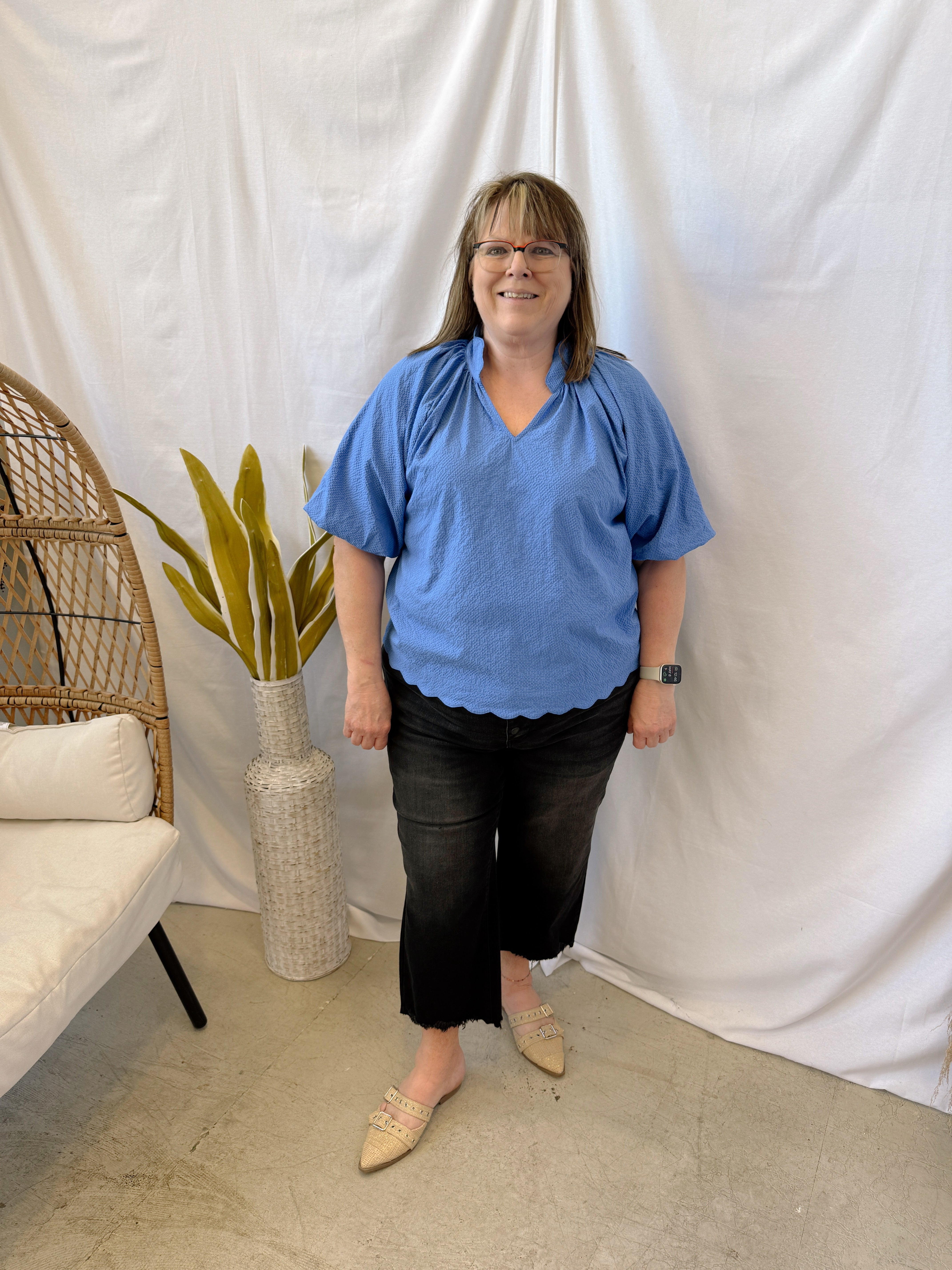 Bubble Sleeved Seersucker Top-Ocean-Short Sleeve Tops-Umgee-The Silo Boutique, Women's Fashion Boutique Located in Warren and Grand Forks North Dakota