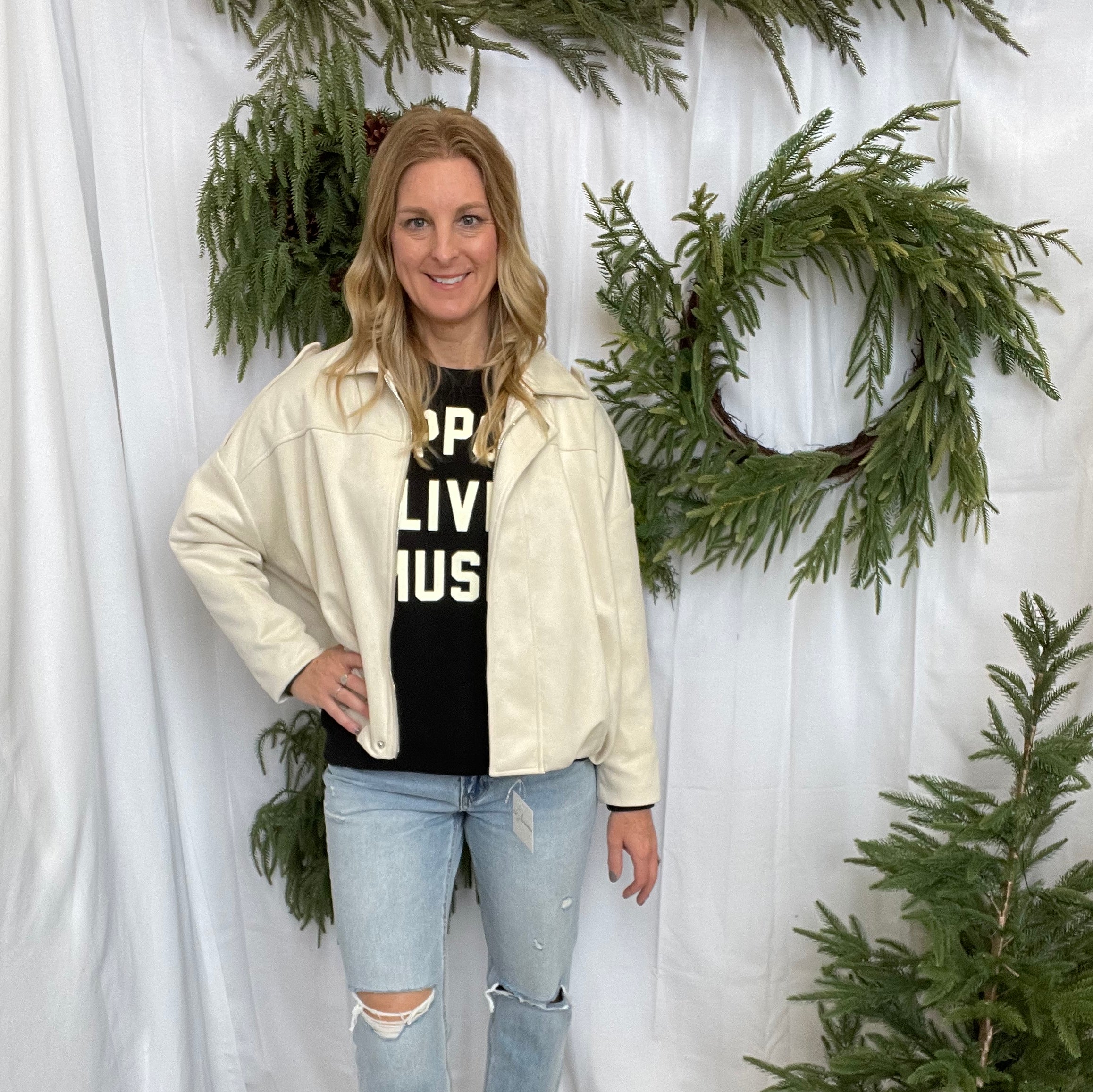 Cream Suede Bomber Jacket-Coats & Jackets-faire-The Silo Boutique, Women's Fashion Boutique Located in Warren and Grand Forks North Dakota