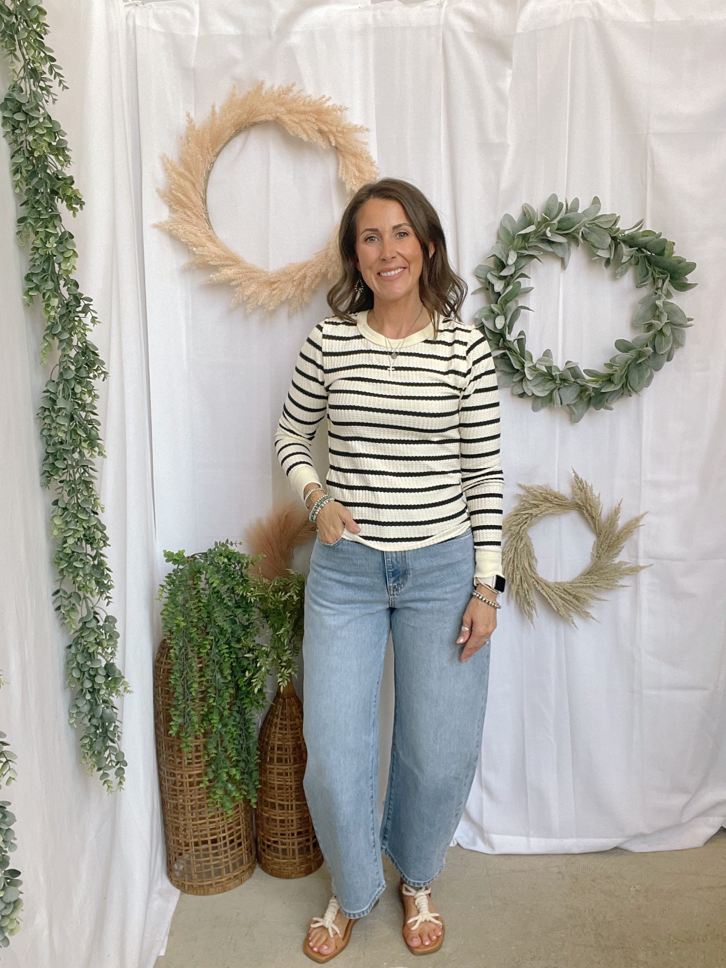 Muse Stripe Waffle Knit Top-Black-Long Sleeve Tops-miou muse-The Silo Boutique, Women's Fashion Boutique Located in Warren and Grand Forks North Dakota