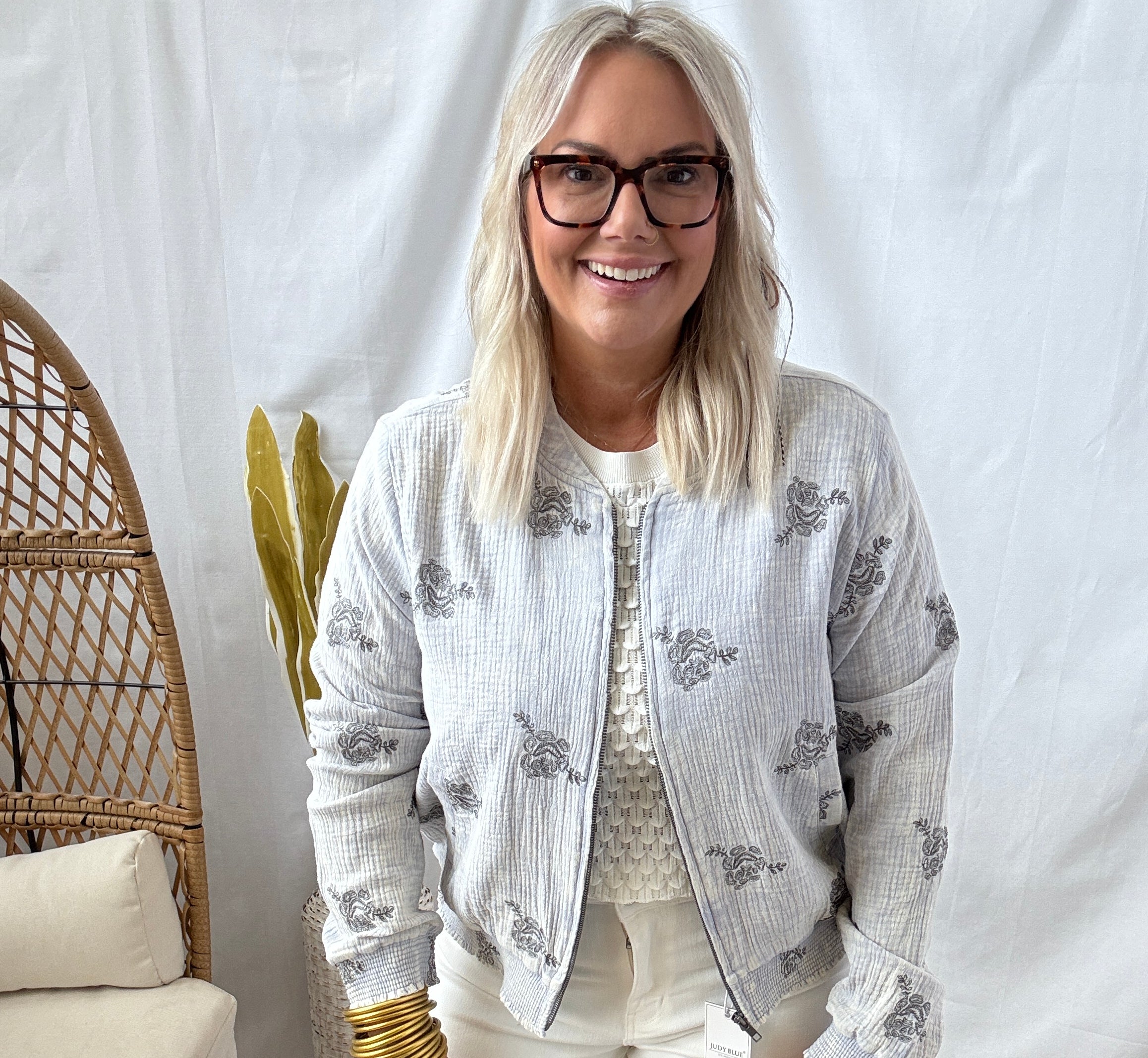 Washed Blue Embroidery Bomber Jacket-Coats & Jackets-mystree-The Silo Boutique, Women's Fashion Boutique Located in Warren and Grand Forks North Dakota