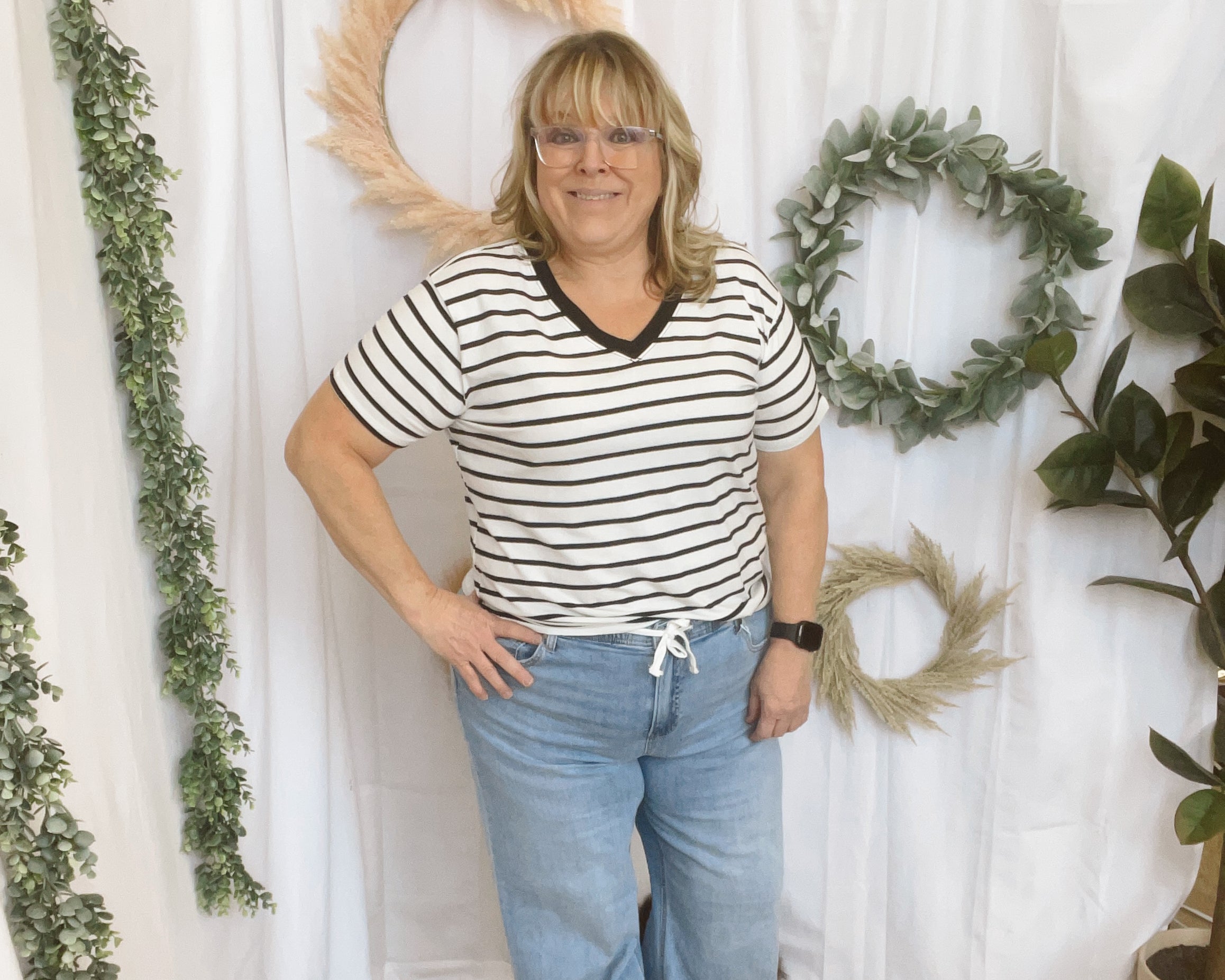 Izzy Striped V Neck Top-Black-Short Sleeve Tops-Zenana-The Silo Boutique, Women's Fashion Boutique Located in Warren and Grand Forks North Dakota