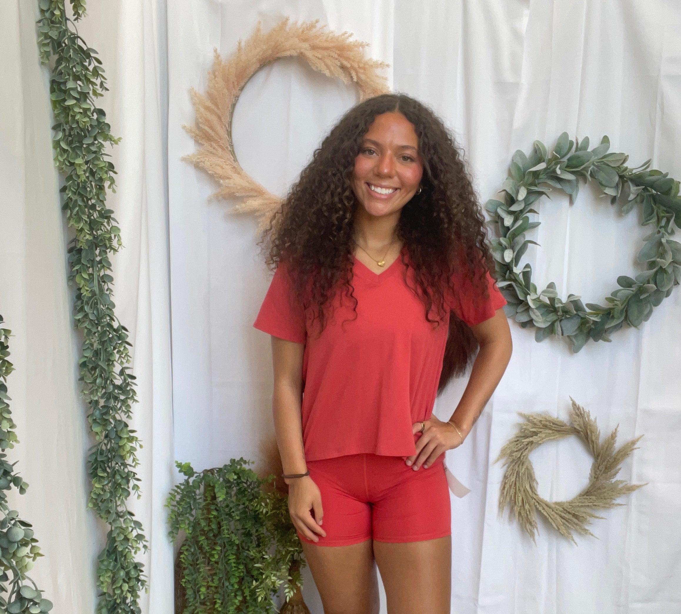 Mono B Pima V Neck Top-Red-Short Sleeve Tops-mono b-The Silo Boutique, Women's Fashion Boutique Located in Warren and Grand Forks North Dakota