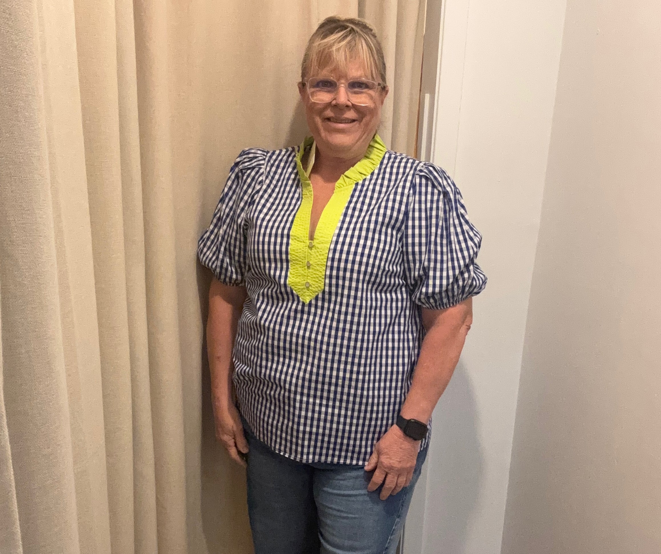 Blue Gingham Top-Short Sleeve Tops-ENTRO-The Silo Boutique, Women's Fashion Boutique Located in Warren and Grand Forks North Dakota
