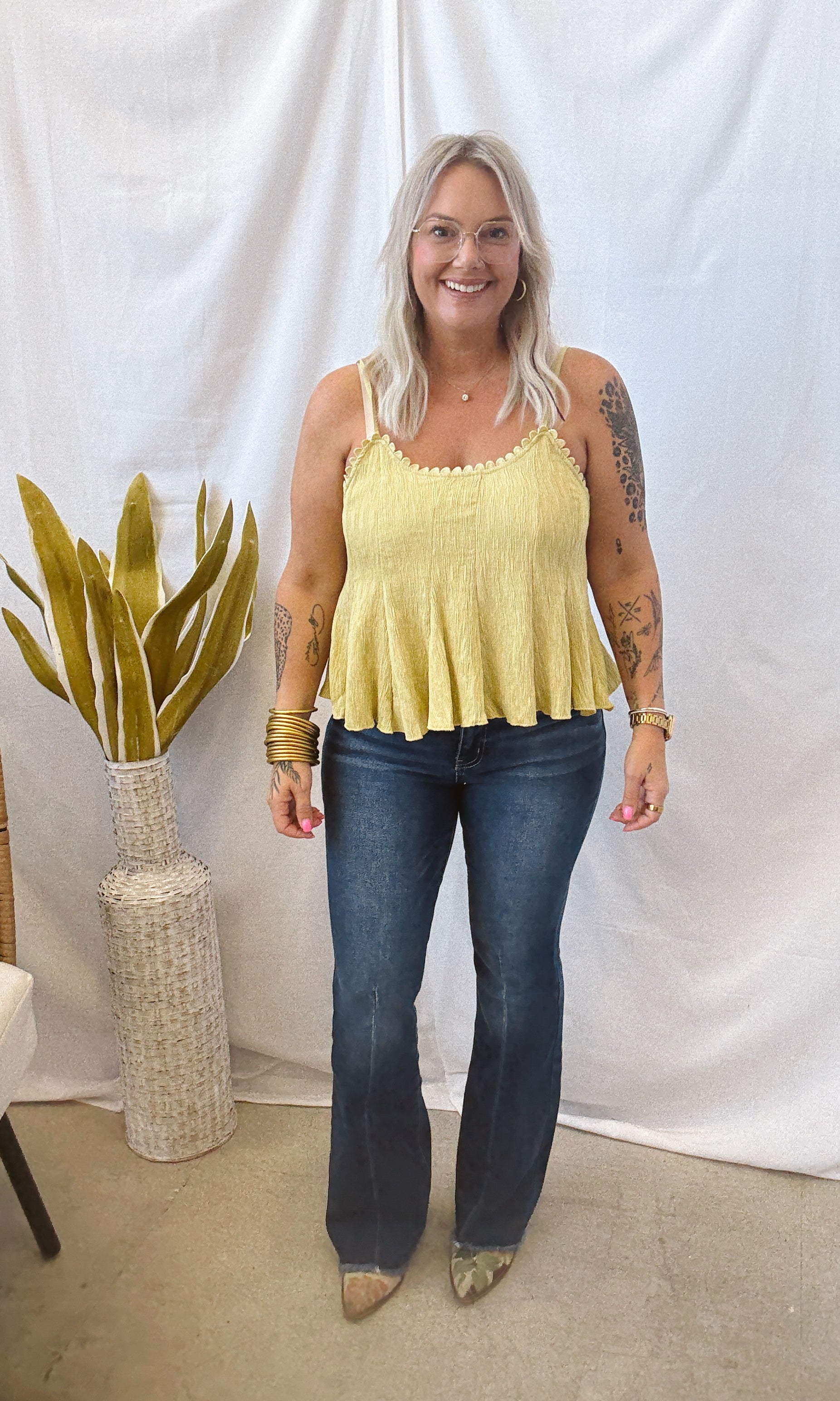 Crinkle Spaghetti Strap Tank-Golden-Tank Tops-Umgee-The Silo Boutique, Women's Fashion Boutique Located in Warren and Grand Forks North Dakota