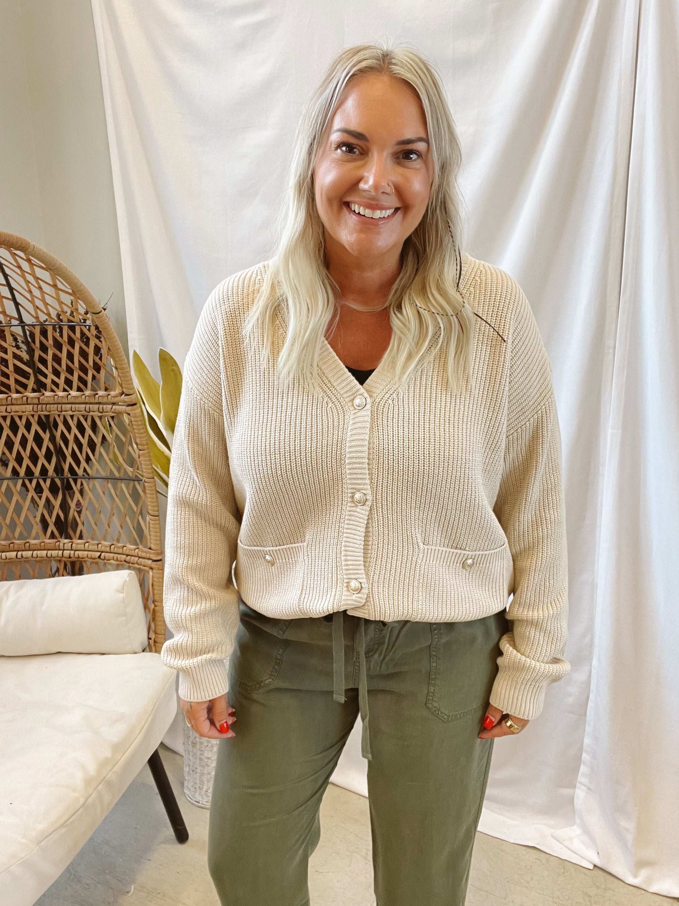 Varsity Chunky Knit Cardigan-Natural-Cardigans-be cool-The Silo Boutique, Women's Fashion Boutique Located in Warren and Grand Forks North Dakota