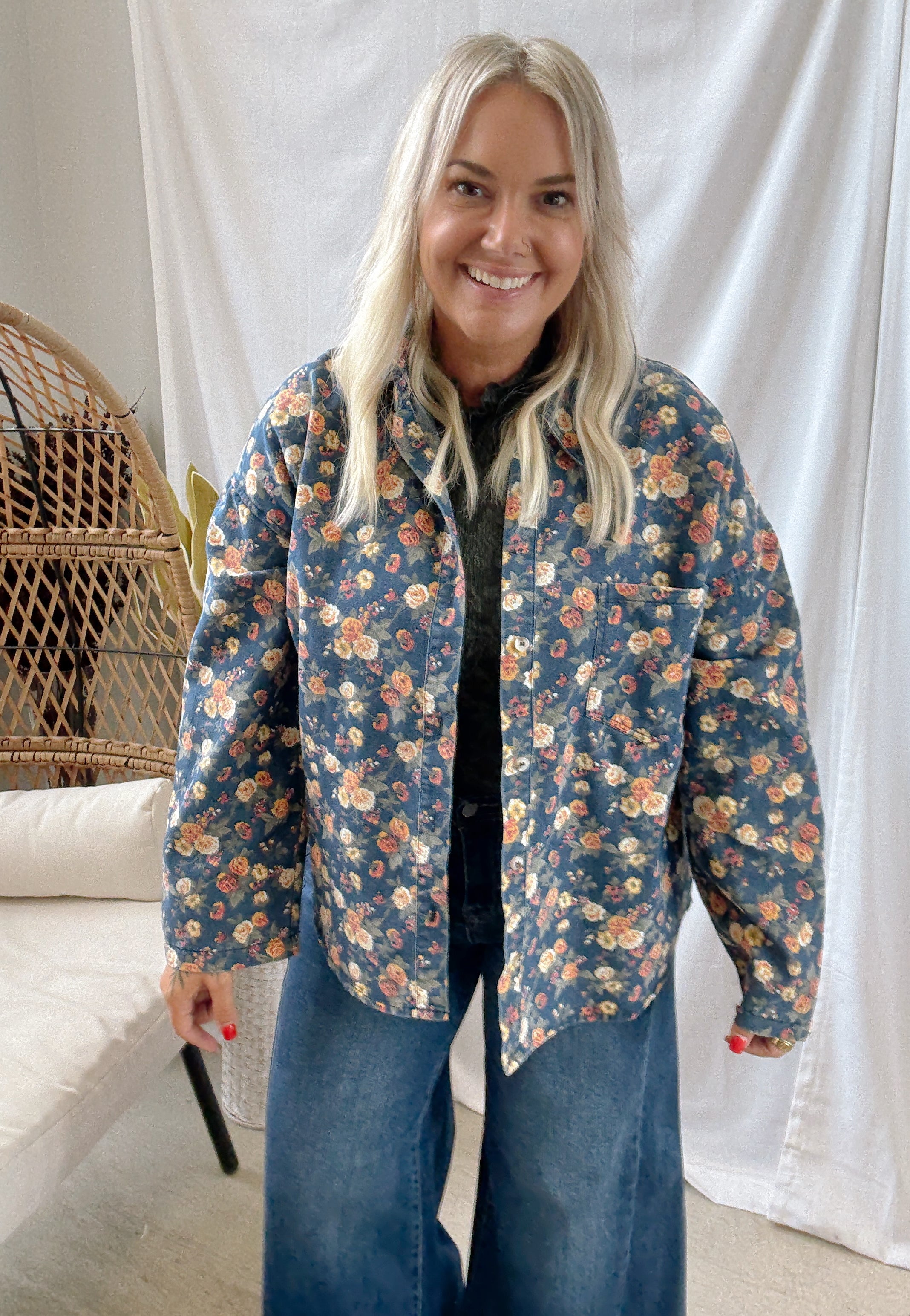 Washed Floral Print Jacket-Coats & Jackets-bibi-The Silo Boutique, Women's Fashion Boutique Located in Warren and Grand Forks North Dakota
