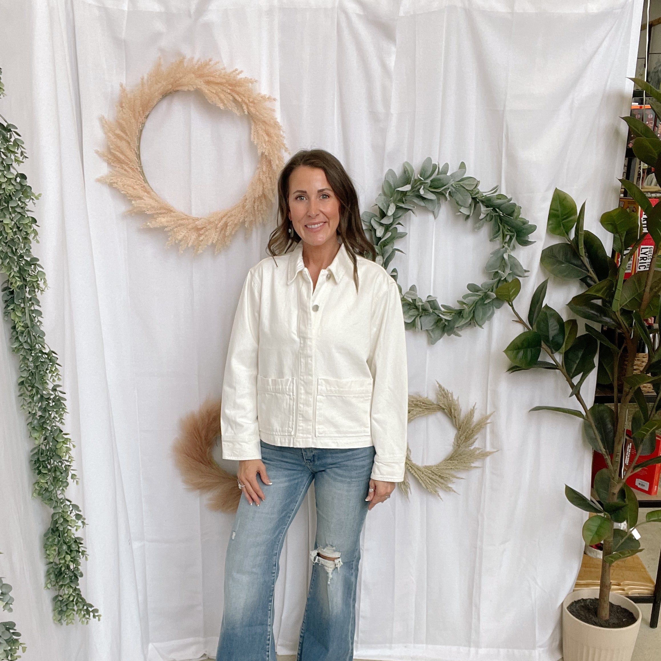 Bayeas White Oversized Denim Jacket-Coats & Jackets-bayeas-The Silo Boutique, Women's Fashion Boutique Located in Warren and Grand Forks North Dakota