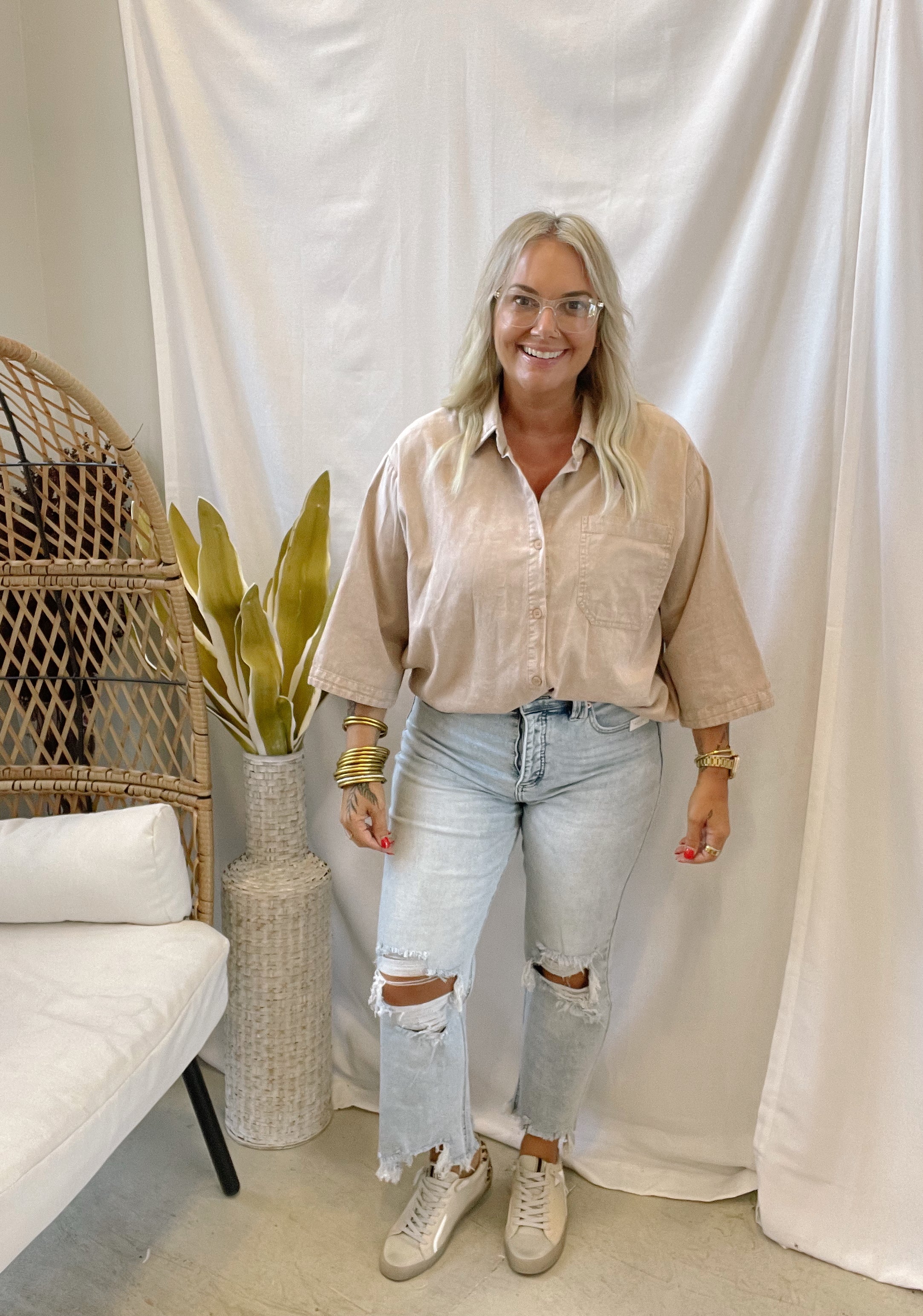 Taupe Button Down Long Sleeve Top-Long Sleeve Tops-hyfve-The Silo Boutique, Women's Fashion Boutique Located in Warren and Grand Forks North Dakota