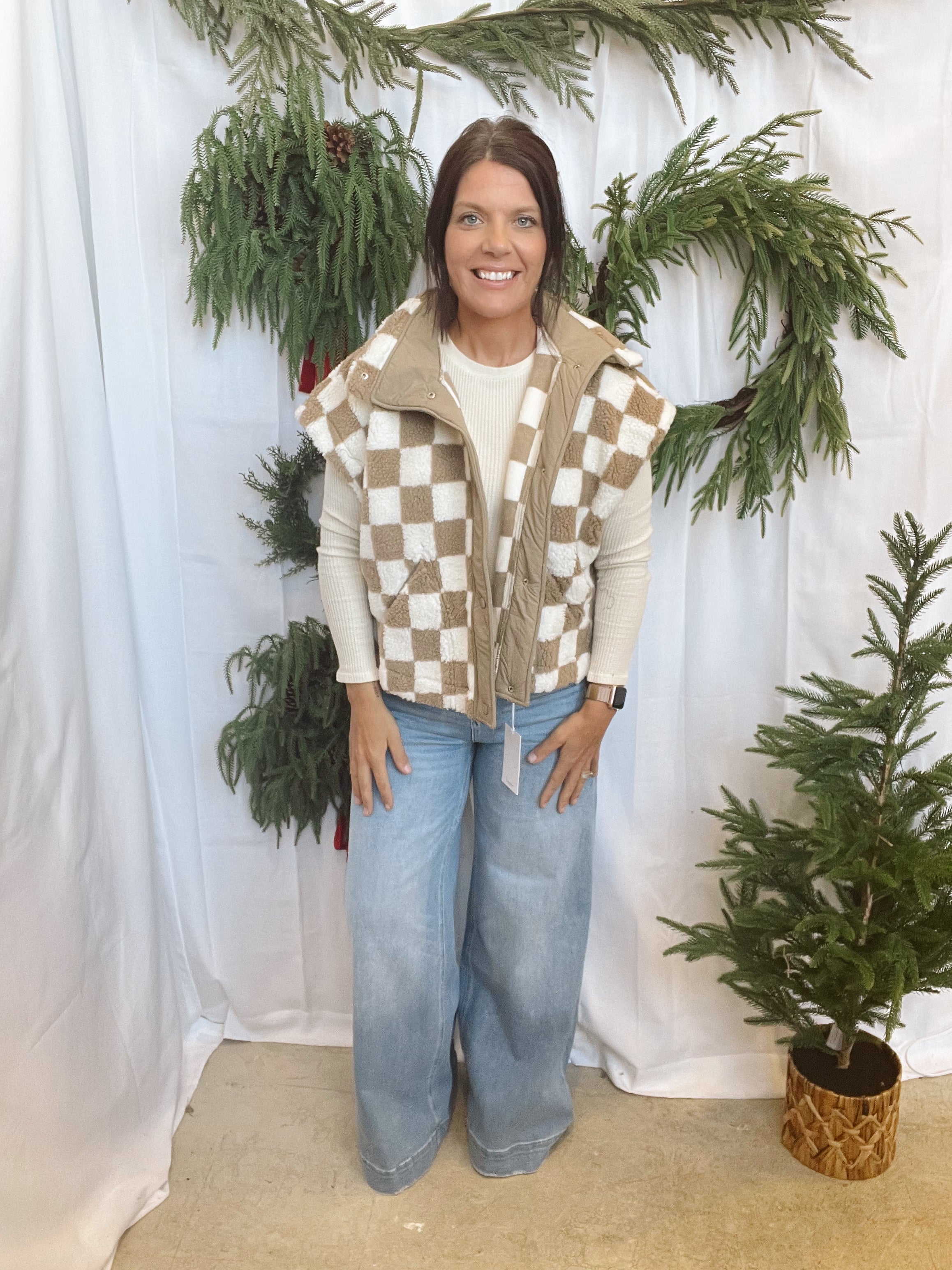 Beige Checker Sherpa Vest-Vests-so me-The Silo Boutique, Women's Fashion Boutique Located in Warren and Grand Forks North Dakota
