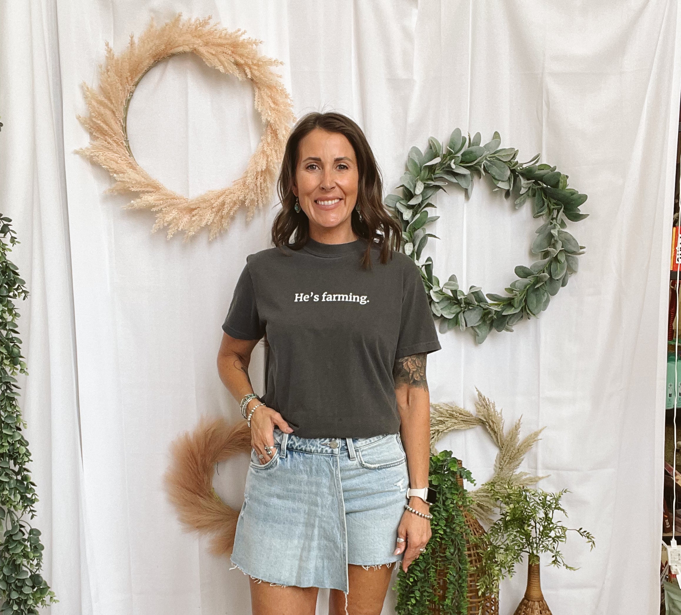 He's Farming Comfort Colors Tee-Short Sleeve Tops-american farm company-The Silo Boutique, Women's Fashion Boutique Located in Warren and Grand Forks North Dakota