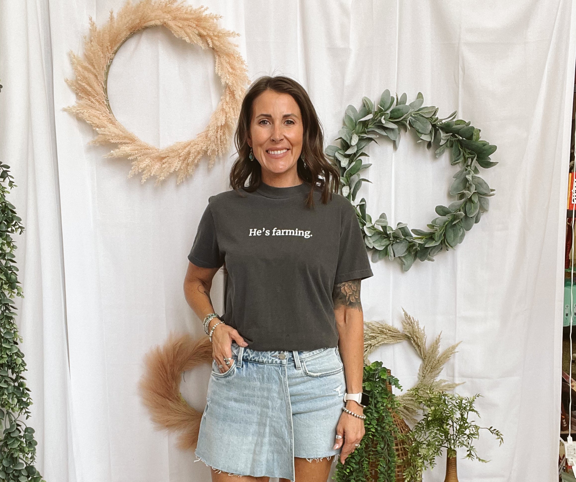 He's Farming Comfort Colors Tee-Short Sleeve Tops-american farm company-The Silo Boutique, Women's Fashion Boutique Located in Warren and Grand Forks North Dakota
