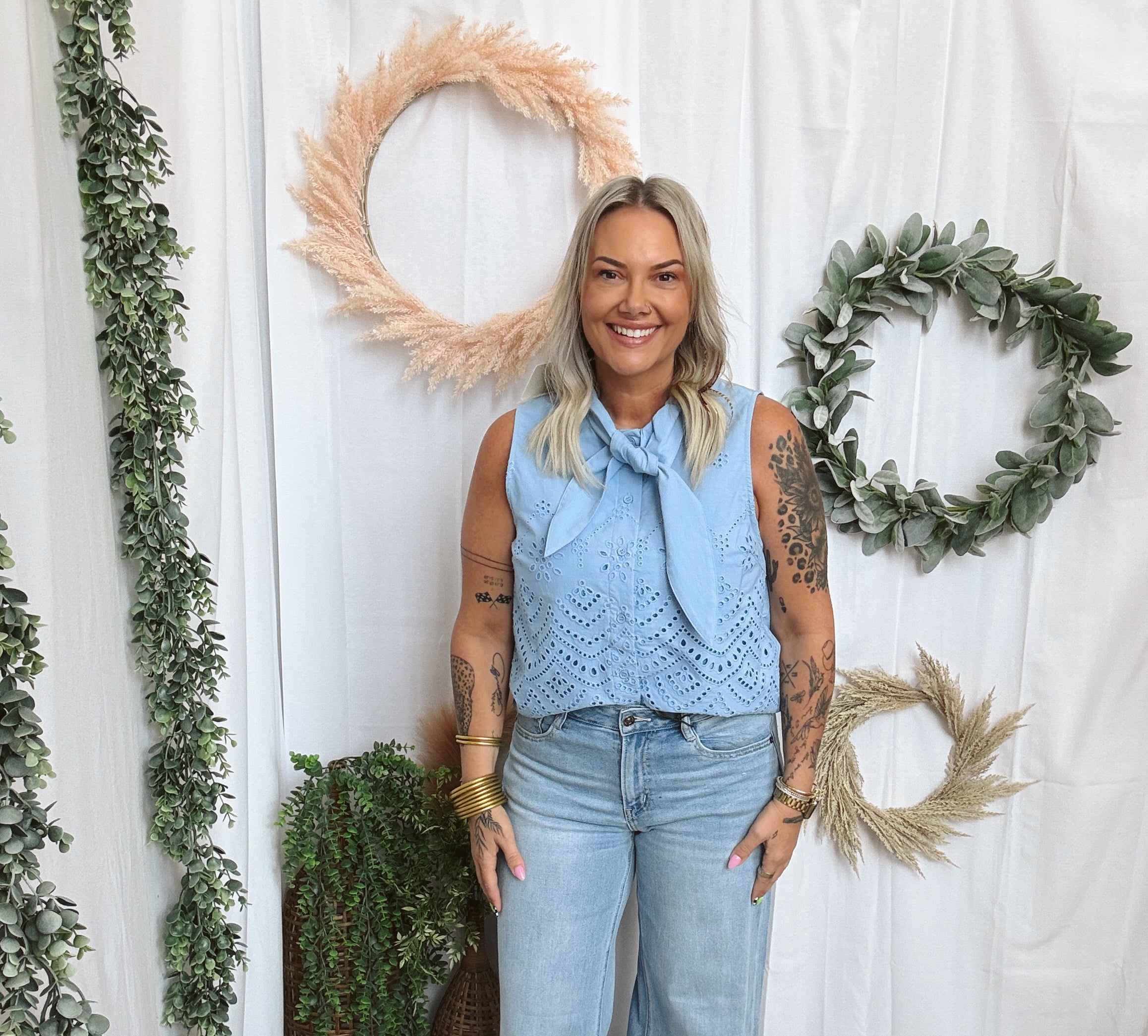 Betsey Tie Neck Top-Blue-Short Sleeve Tops-entro-The Silo Boutique, Women's Fashion Boutique Located in Warren and Grand Forks North Dakota