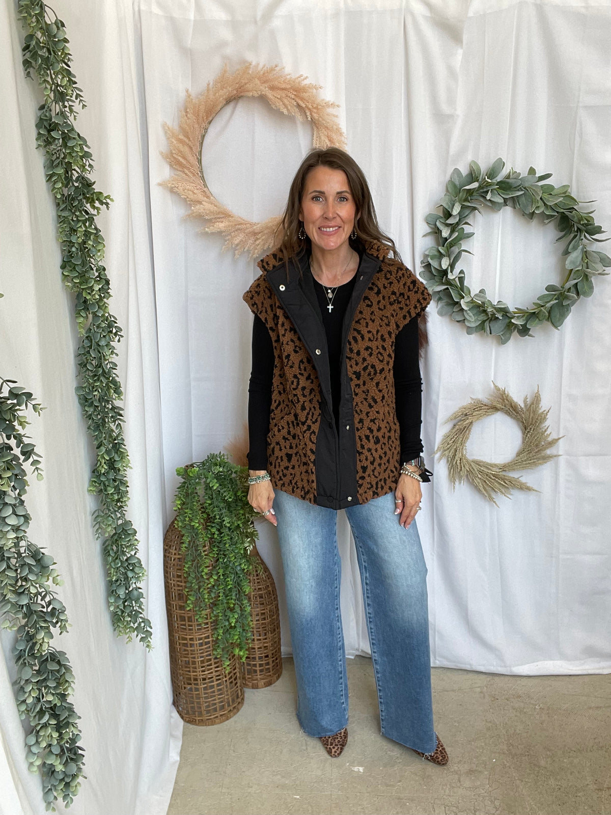 Lulu Leopard Panache Sherpa Vest-Long Sleeve Tops-panache-The Silo Boutique, Women's Fashion Boutique Located in Warren and Grand Forks North Dakota
