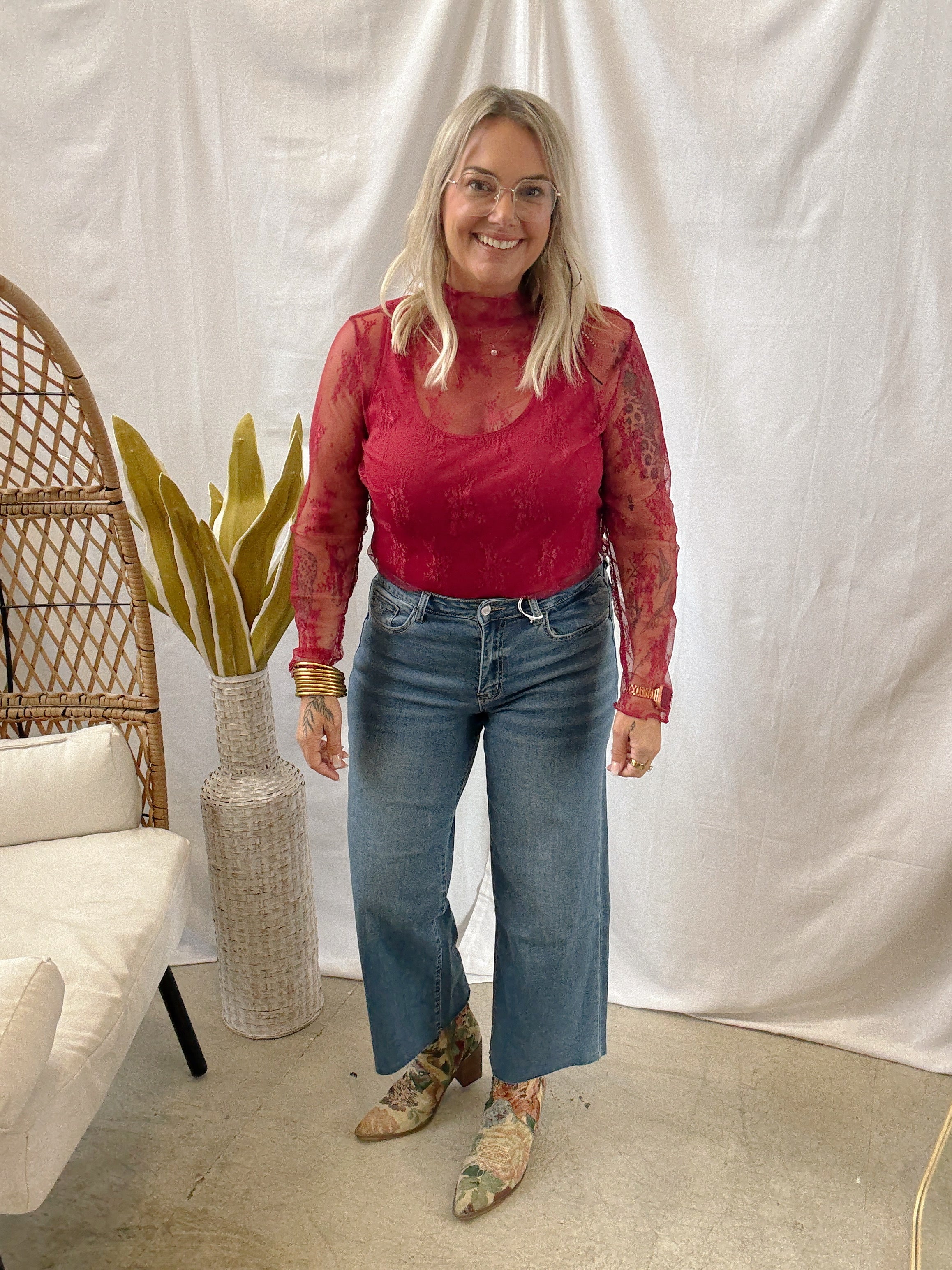 Rose Wine Lace Top-Long Sleeve Tops-larose-The Silo Boutique, Women's Fashion Boutique Located in Warren and Grand Forks North Dakota