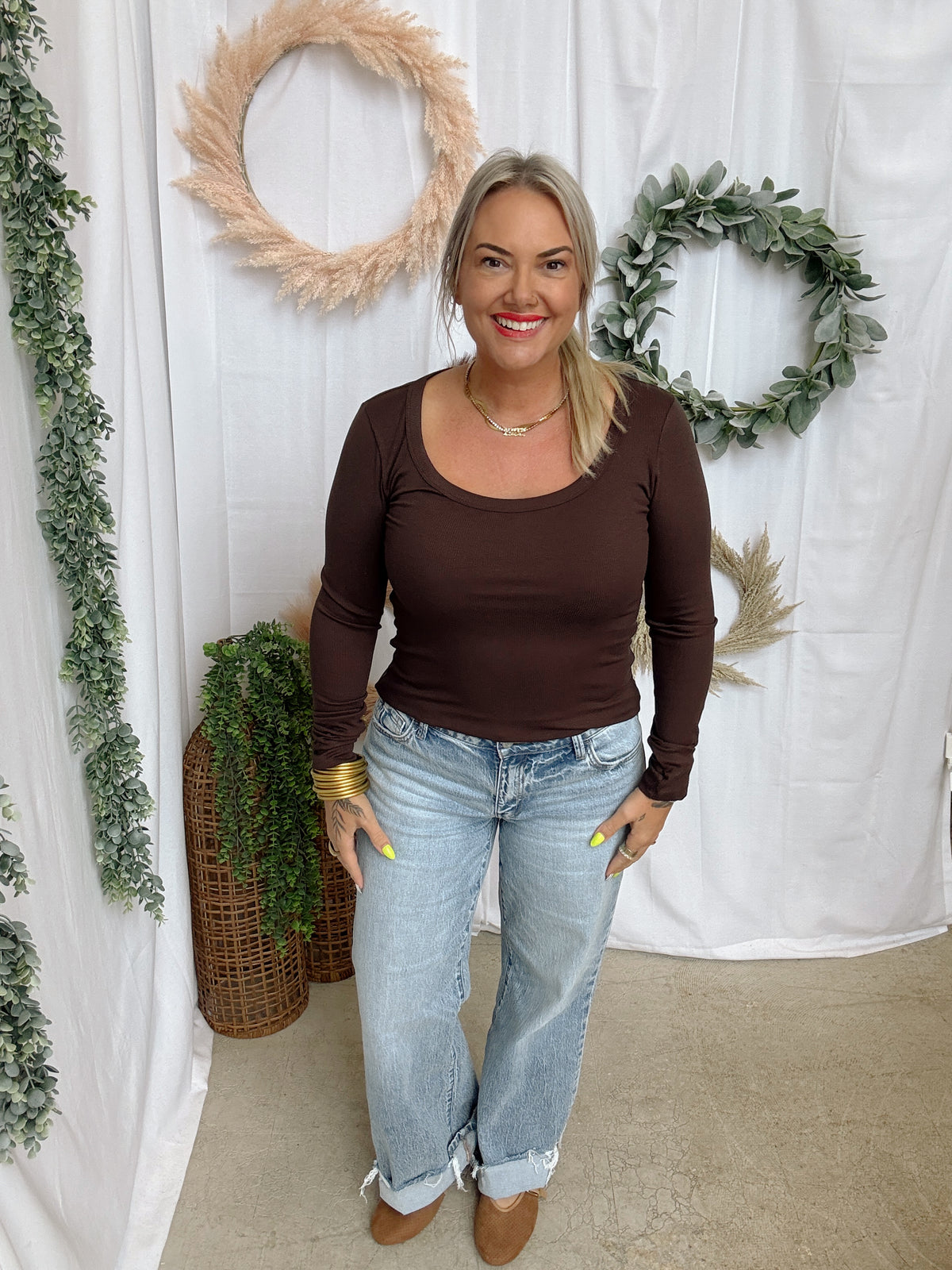 Mono B Scoop Ribbed Long Sleeve Top-Coffee-Long Sleeve Tops-mono b-The Silo Boutique, Women's Fashion Boutique Located in Warren and Grand Forks North Dakota
