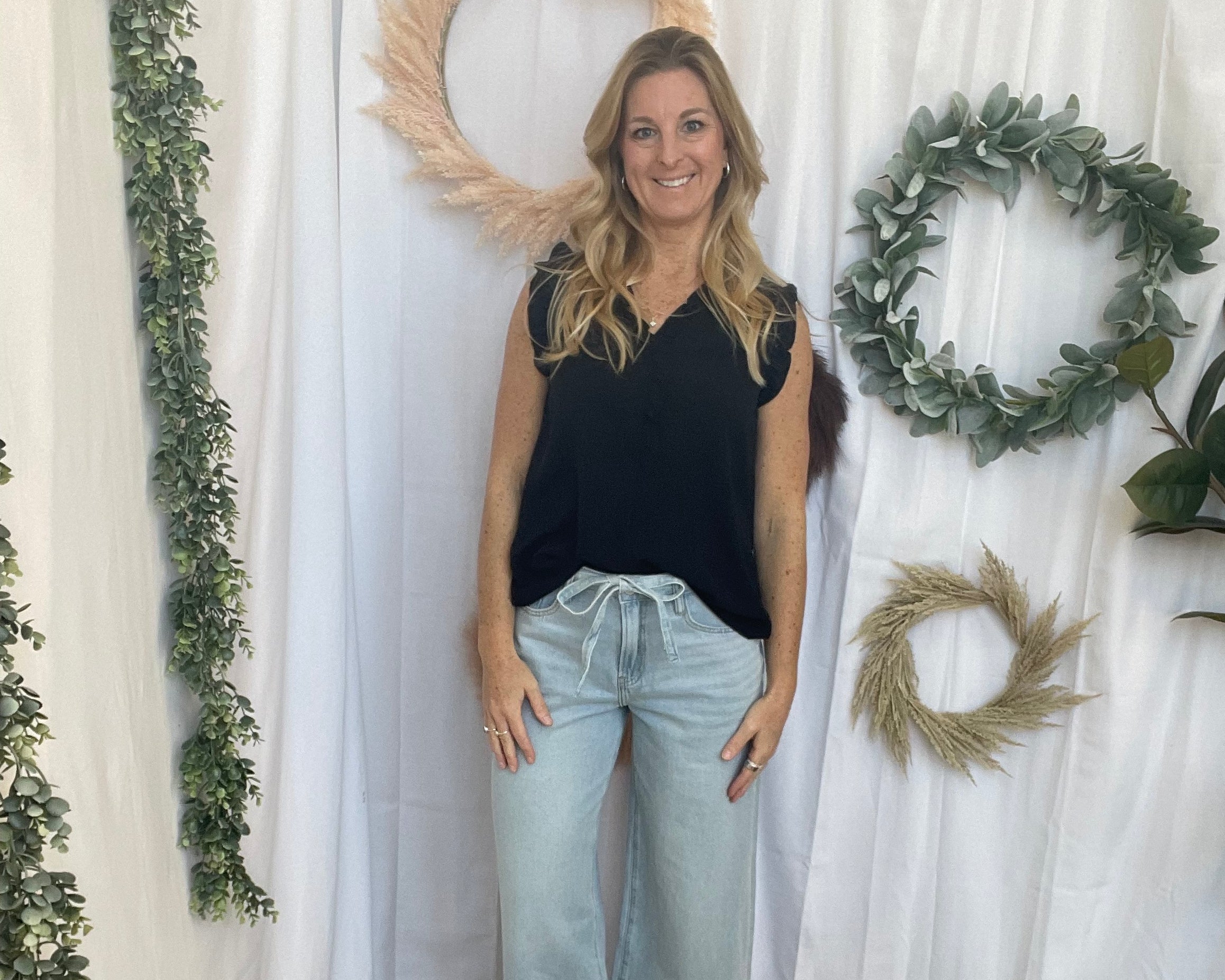 Frilled Split Neck Top-Black-Tank Tops-staccato-The Silo Boutique, Women's Fashion Boutique Located in Warren and Grand Forks North Dakota