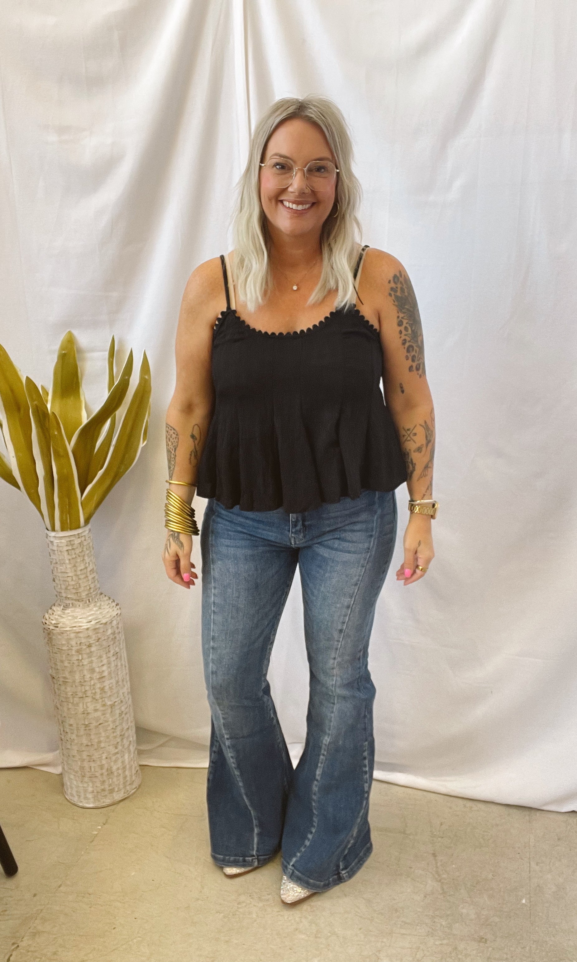 Crinkle Spaghetti Strap Tank-Black-Tank Tops-Umgee-The Silo Boutique, Women's Fashion Boutique Located in Warren and Grand Forks North Dakota