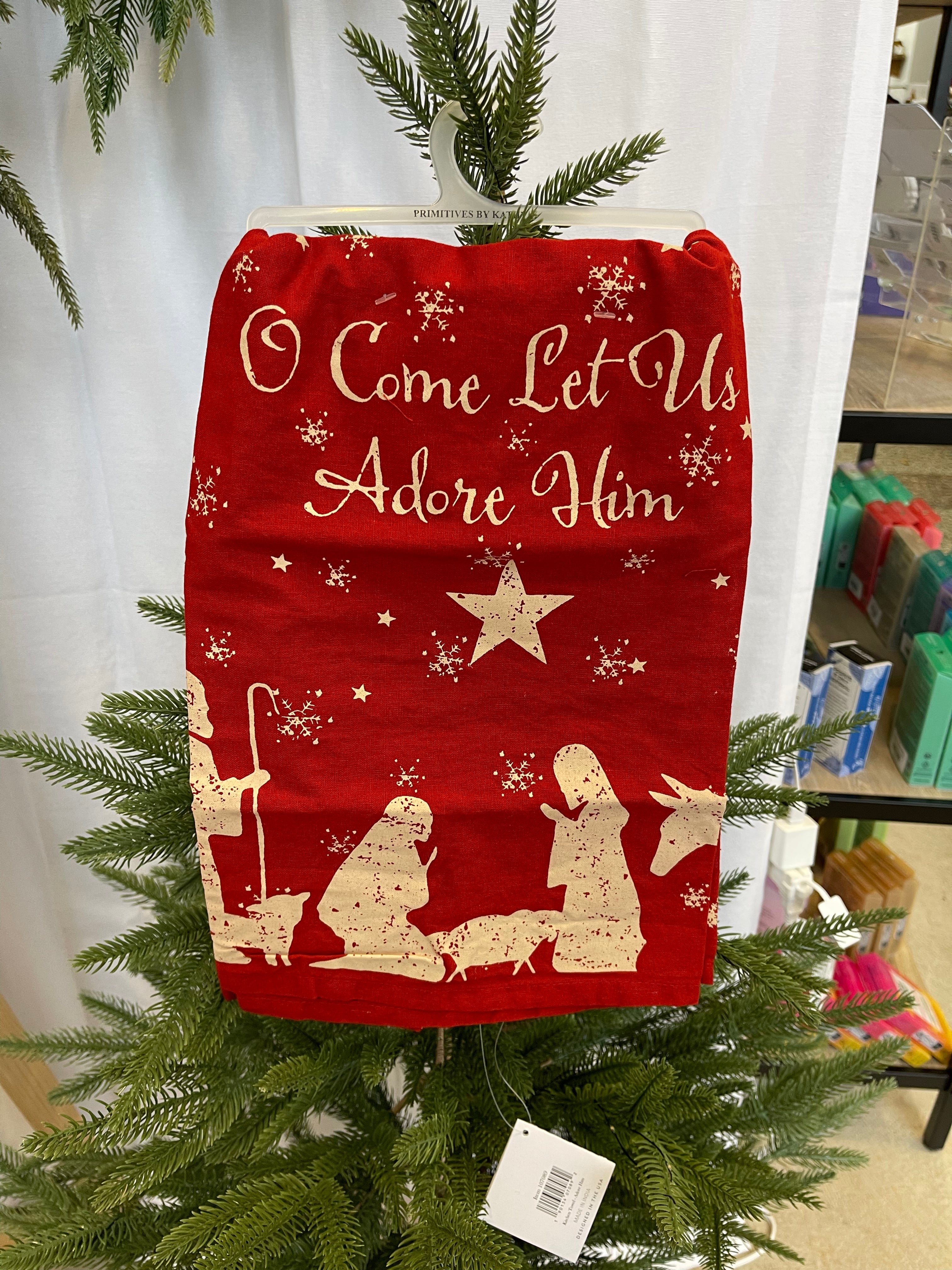 Let Us Adore Him Kitchen Towel-Tea Towels-primitives-The Silo Boutique, Women's Fashion Boutique Located in Warren and Grand Forks North Dakota