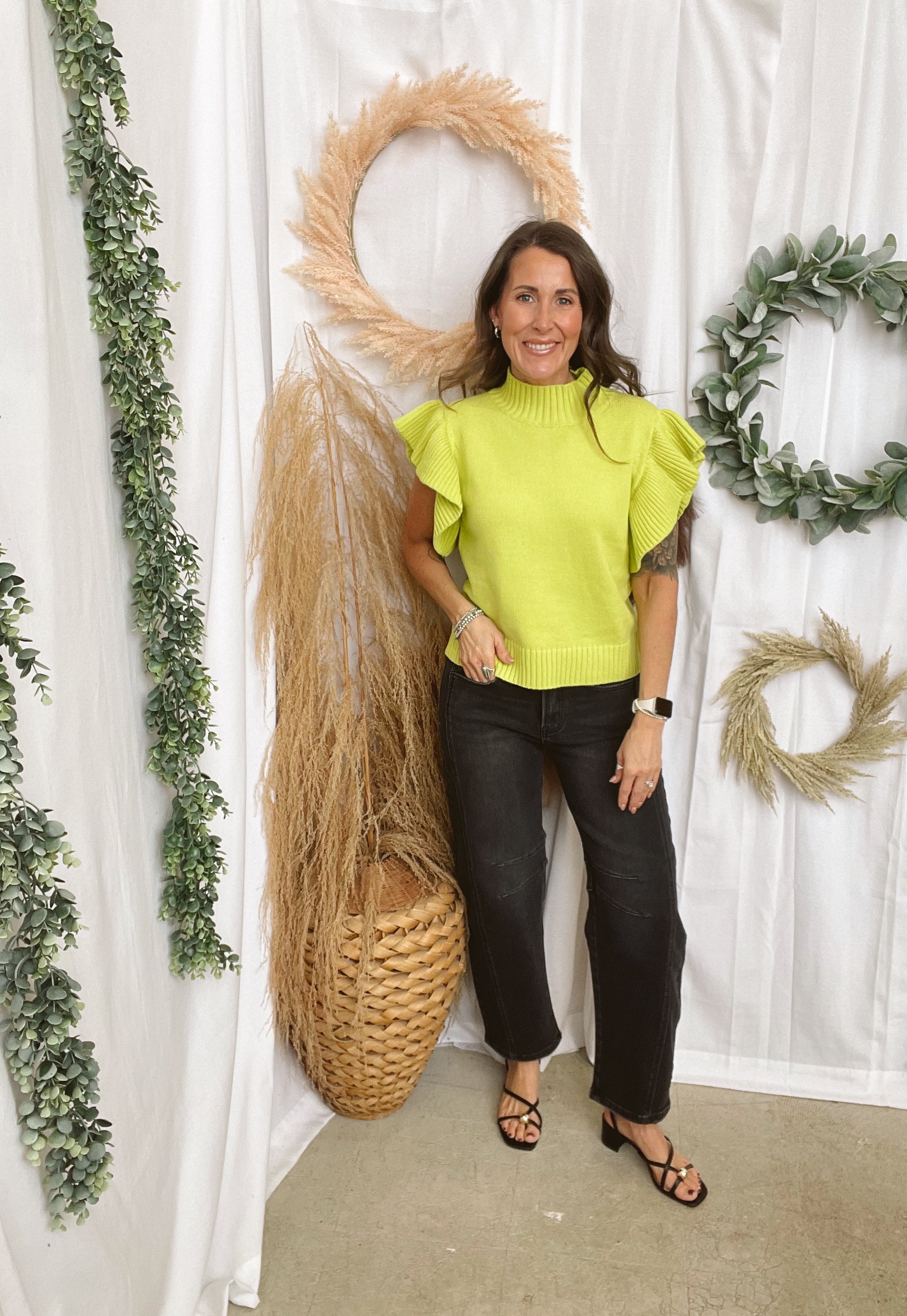 Ella Chartreuse Sweater Top-Short Sleeve Tops-ENTRO-The Silo Boutique, Women's Fashion Boutique Located in Warren and Grand Forks North Dakota