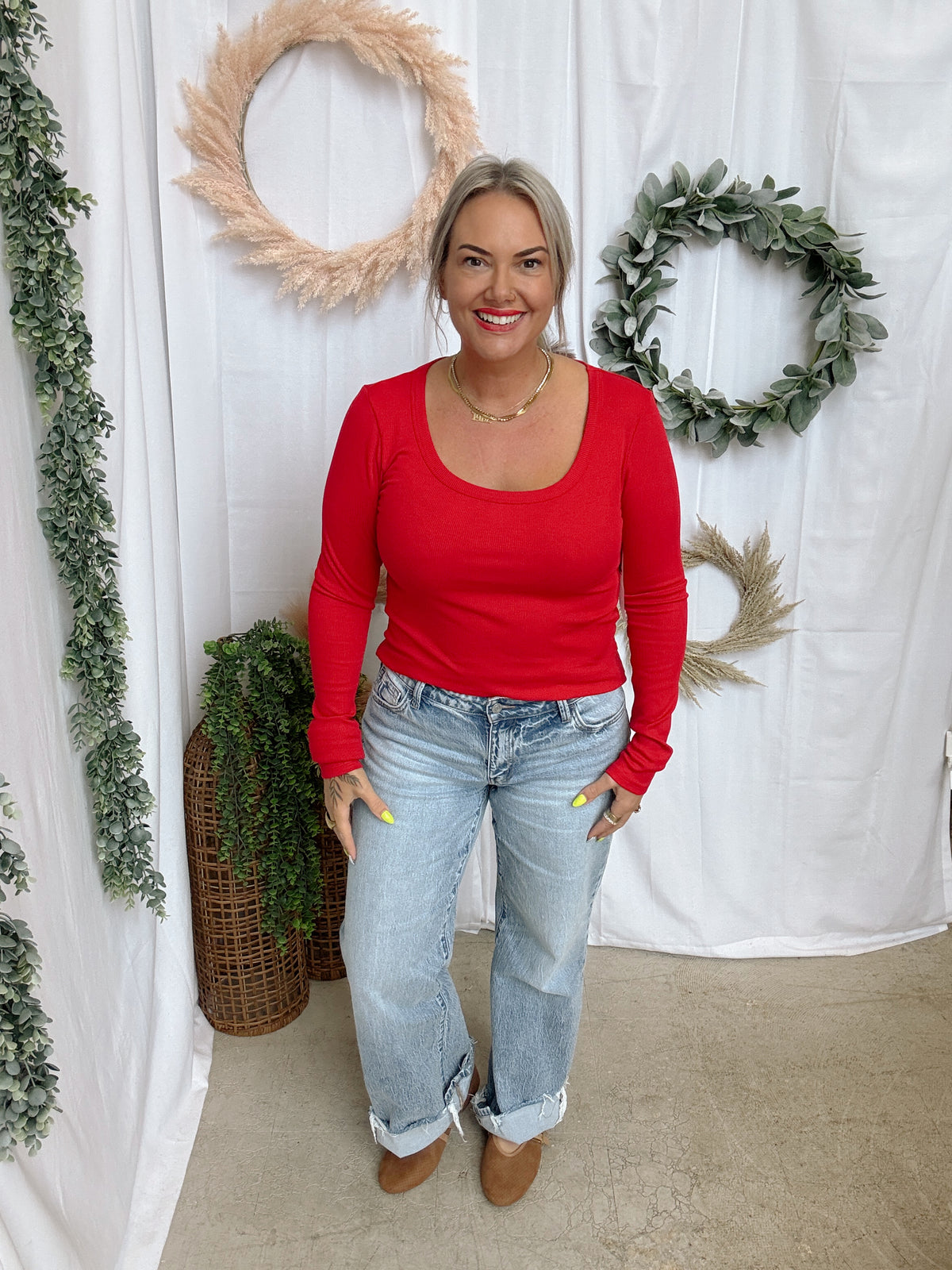 Mono B Scoop Ribbed Long Sleeve Top-Cherry-Long Sleeve Tops-mono b-The Silo Boutique, Women's Fashion Boutique Located in Warren and Grand Forks North Dakota