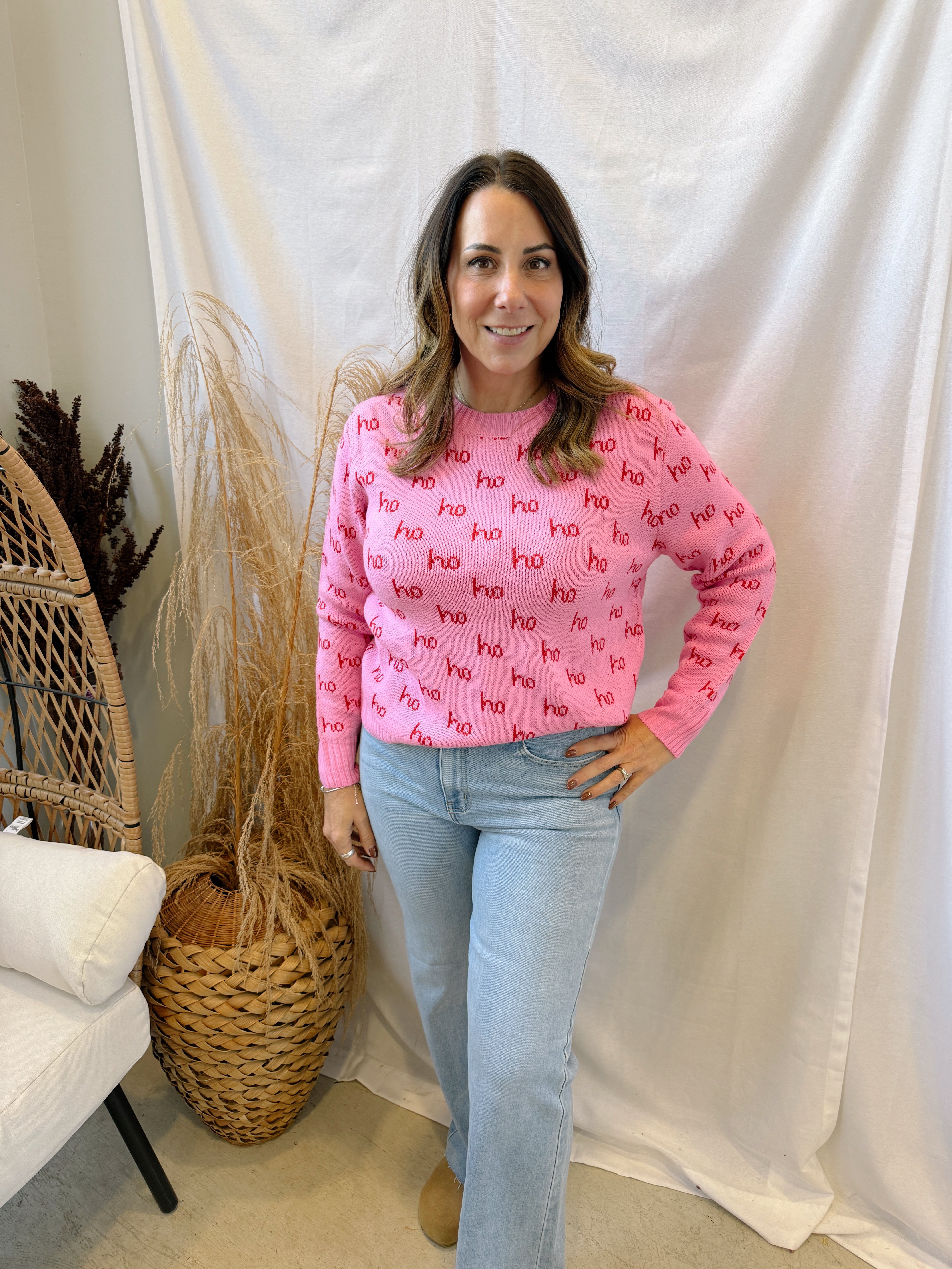 Pink Ho Ho Ho Sweater-Final Sale-Sweaters-panaache-The Silo Boutique, Women's Fashion Boutique Located in Warren and Grand Forks North Dakota