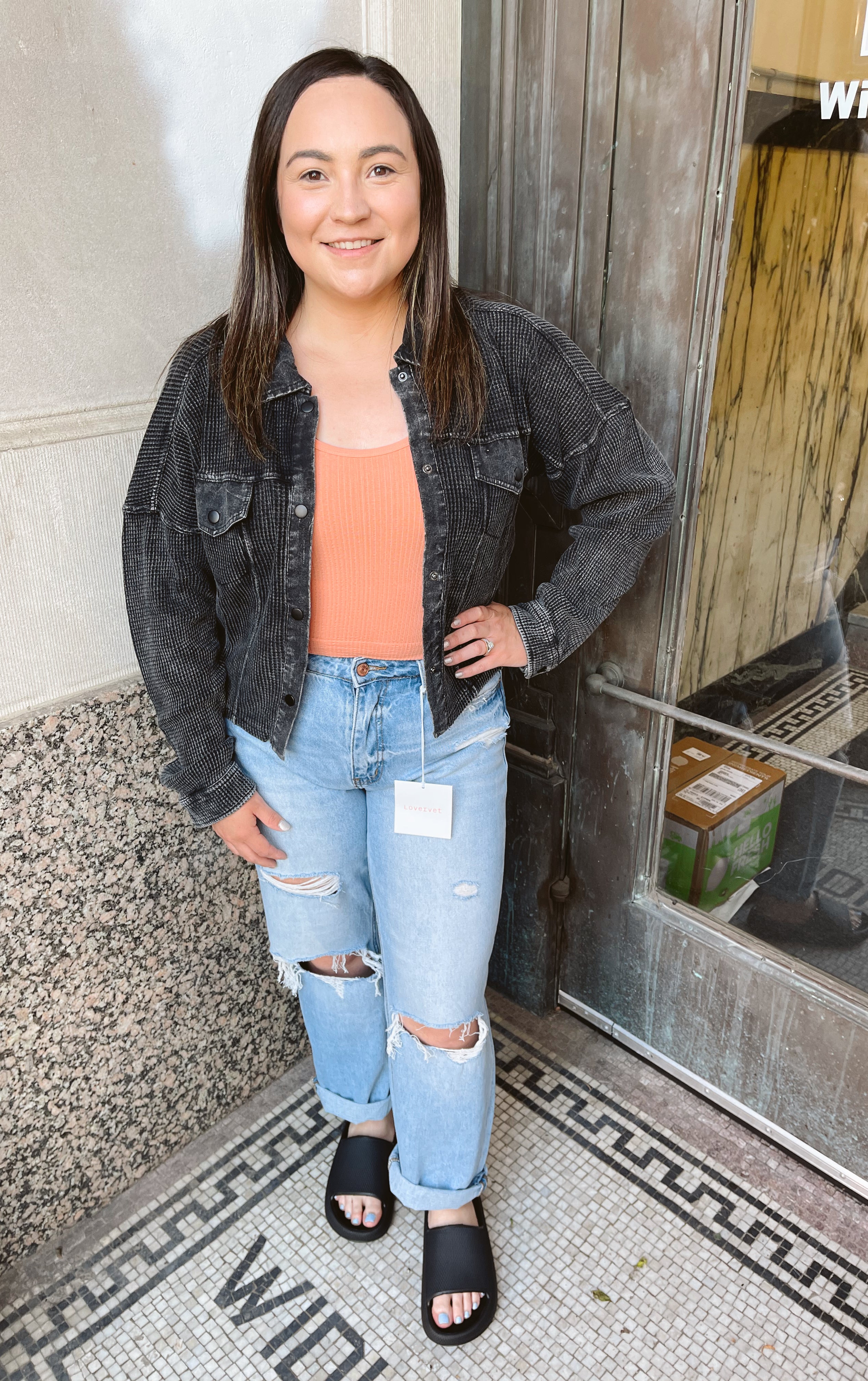 Mono B Black Crop Mineral Wash Button Up Top-Long Sleeve Tops-mono b-The Silo Boutique, Women's Fashion Boutique Located in Warren and Grand Forks North Dakota