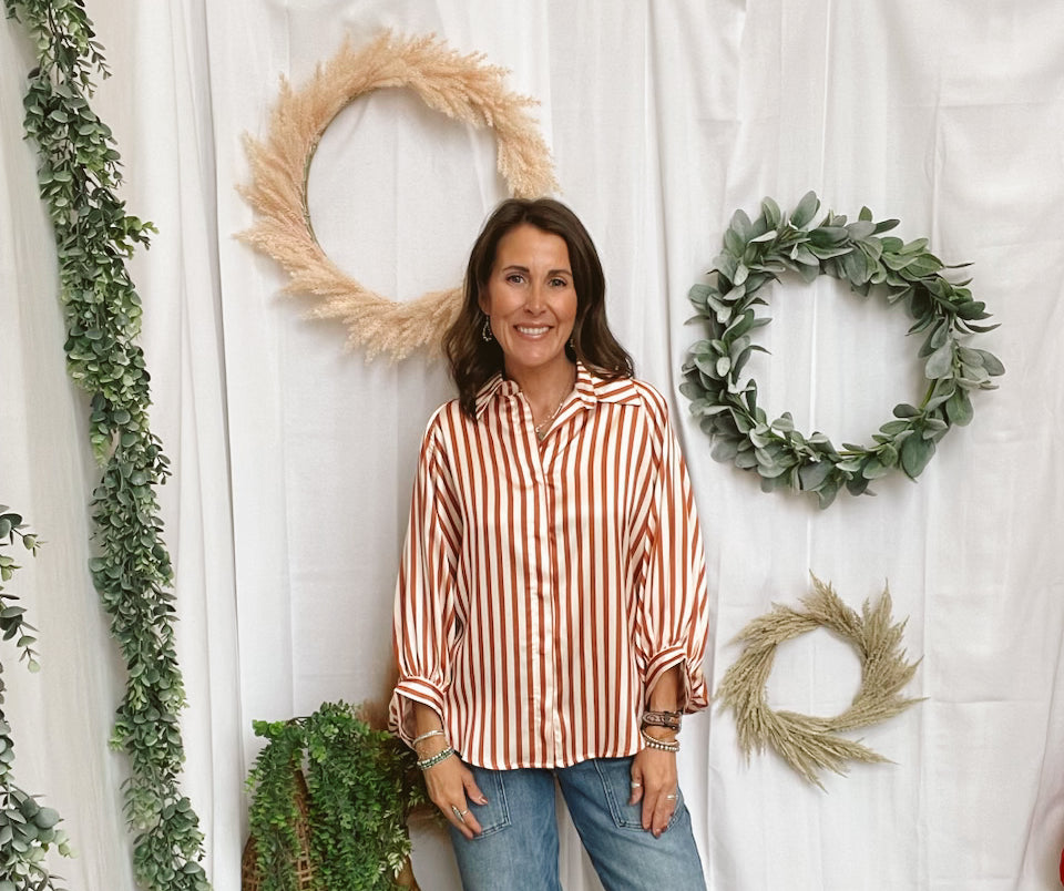 Glam Stripe Button Down Top-Camel-Tank Tops-glam-The Silo Boutique, Women's Fashion Boutique Located in Warren and Grand Forks North Dakota