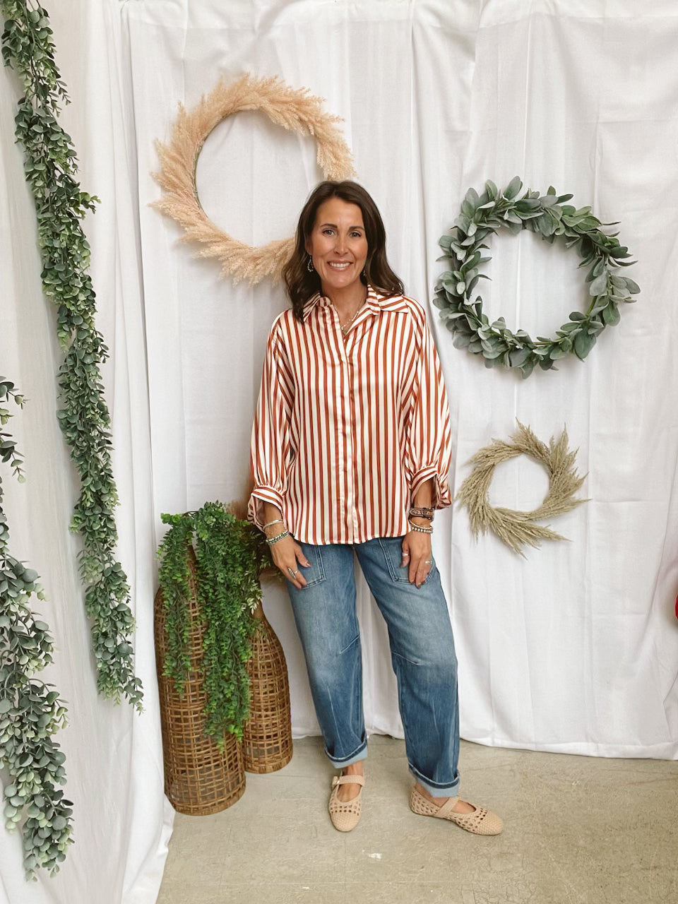 Glam Stripe Button Down Top-Camel-Tank Tops-glam-The Silo Boutique, Women's Fashion Boutique Located in Warren and Grand Forks North Dakota