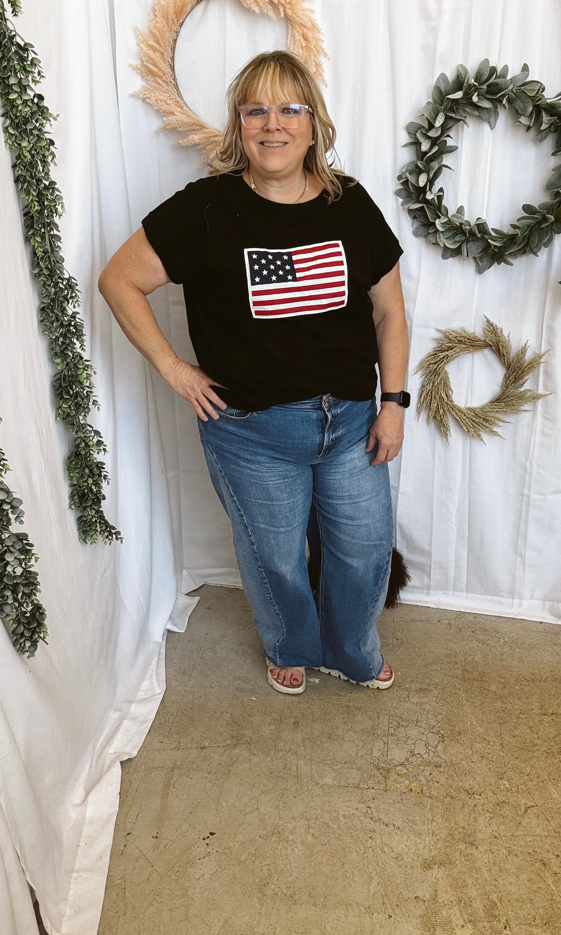 Leah American Flag Tee-Black-Short Sleeve Tops-Zenana-The Silo Boutique, Women's Fashion Boutique Located in Warren and Grand Forks North Dakota