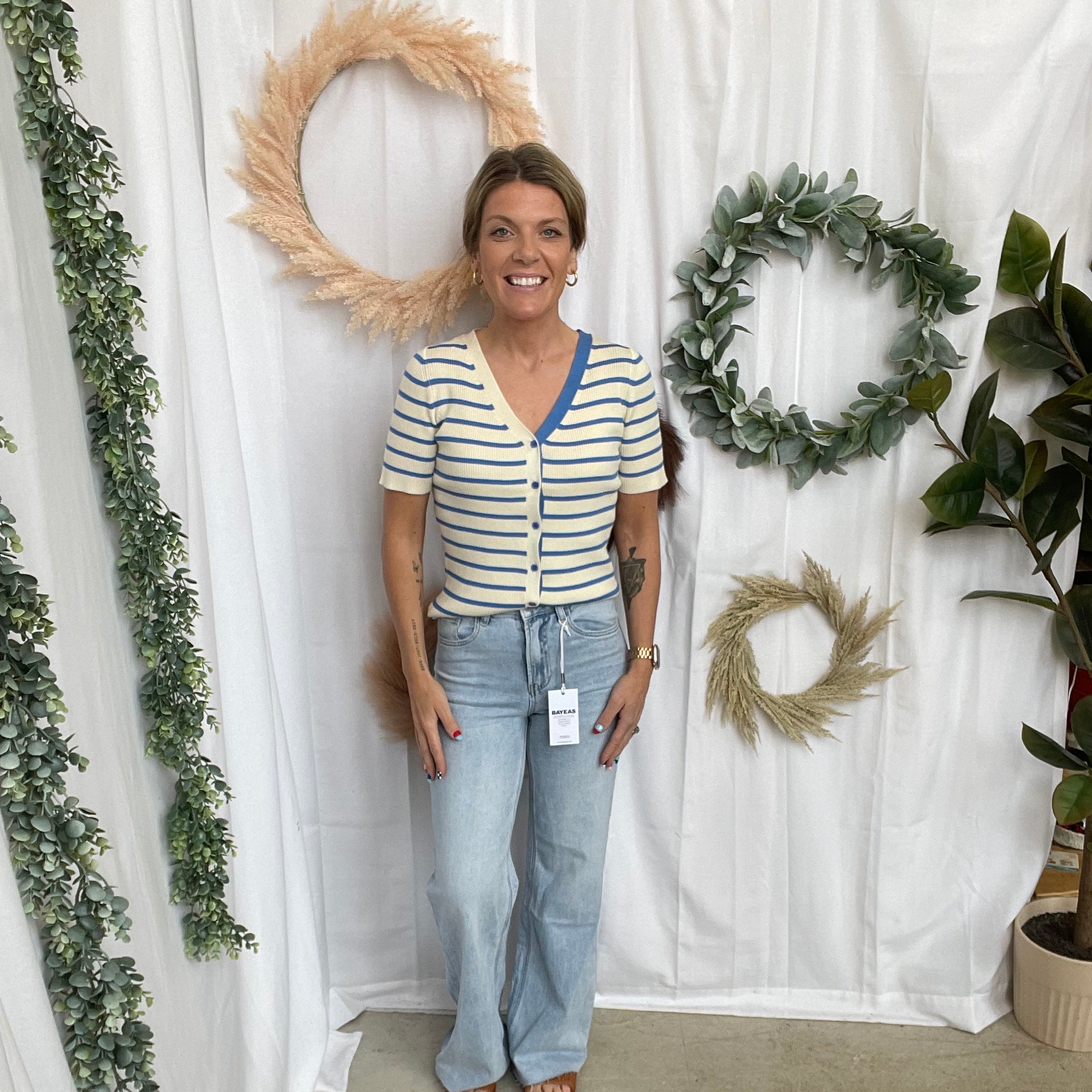 Blue Stripe V Neck Button Down Top-Tank Tops-stacatto-The Silo Boutique, Women's Fashion Boutique Located in Warren and Grand Forks North Dakota