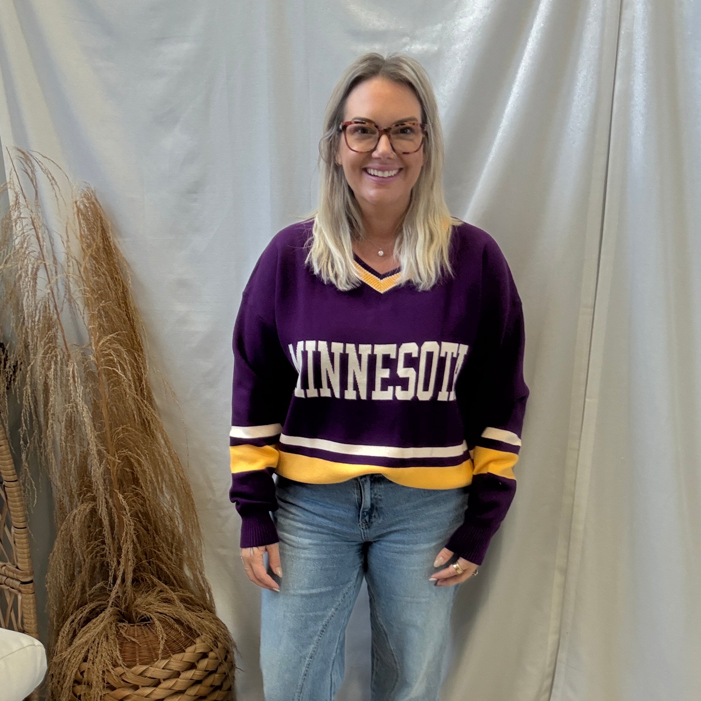 Minnesota Purple and Yellow Sweater-Sweaters-tea and Rose-The Silo Boutique, Women's Fashion Boutique Located in Warren and Grand Forks North Dakota