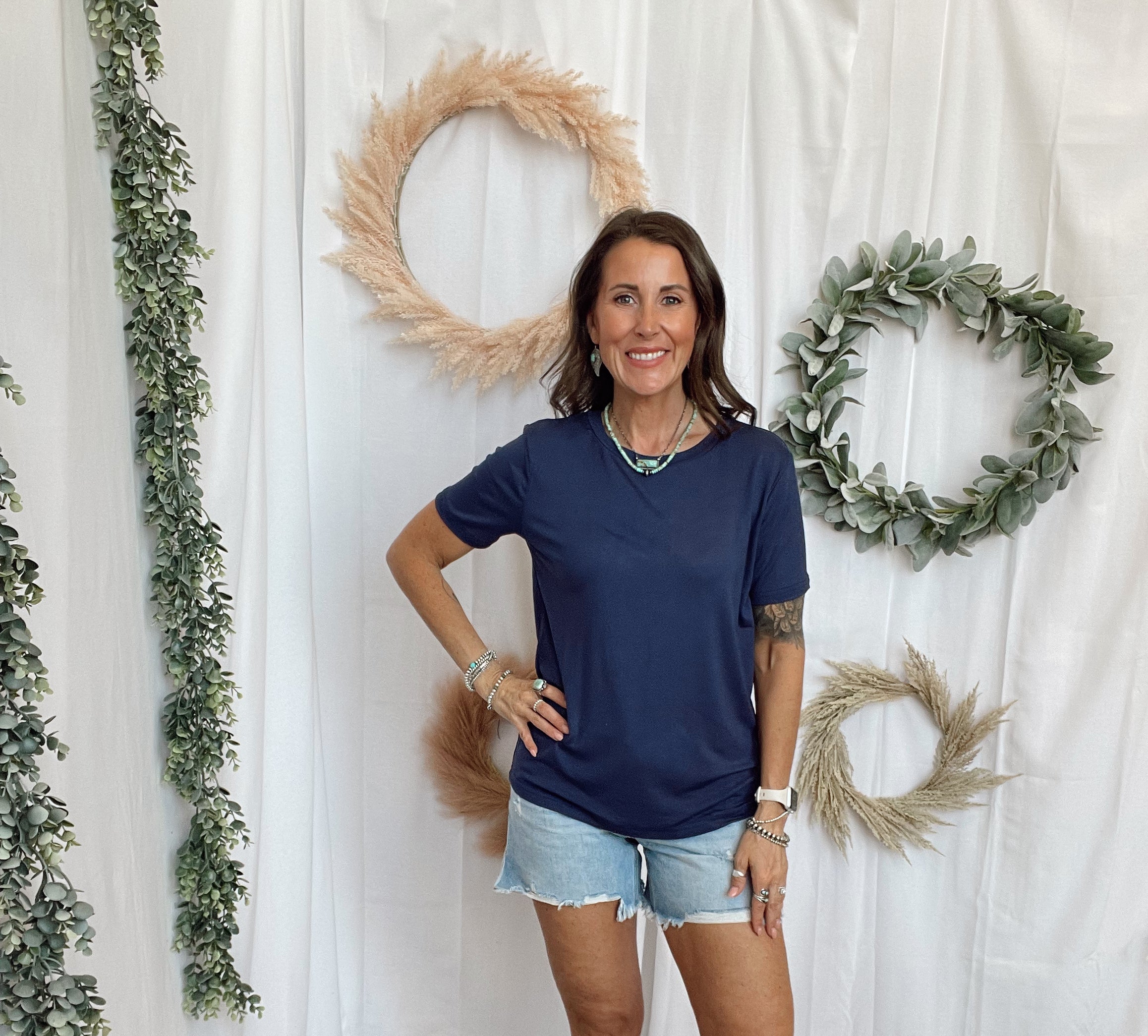 Bella Basic Round Neck Top-Navy-Short Sleeve Tops-staccato-The Silo Boutique, Women's Fashion Boutique Located in Warren and Grand Forks North Dakota