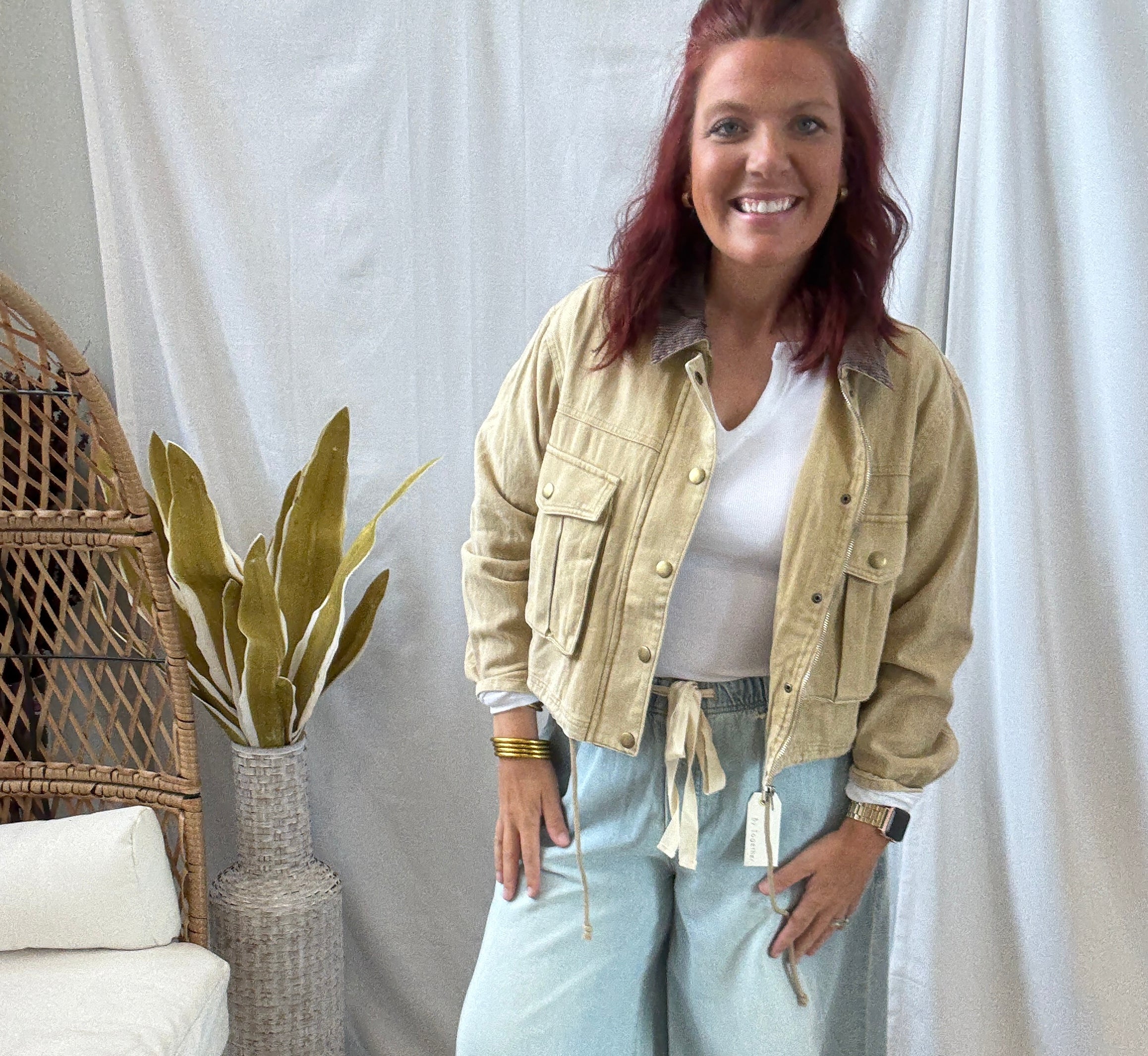 Corduroy Collar Twill Jacket-Sand-Coats & Jackets-hem and thread-The Silo Boutique, Women's Fashion Boutique Located in Warren and Grand Forks North Dakota