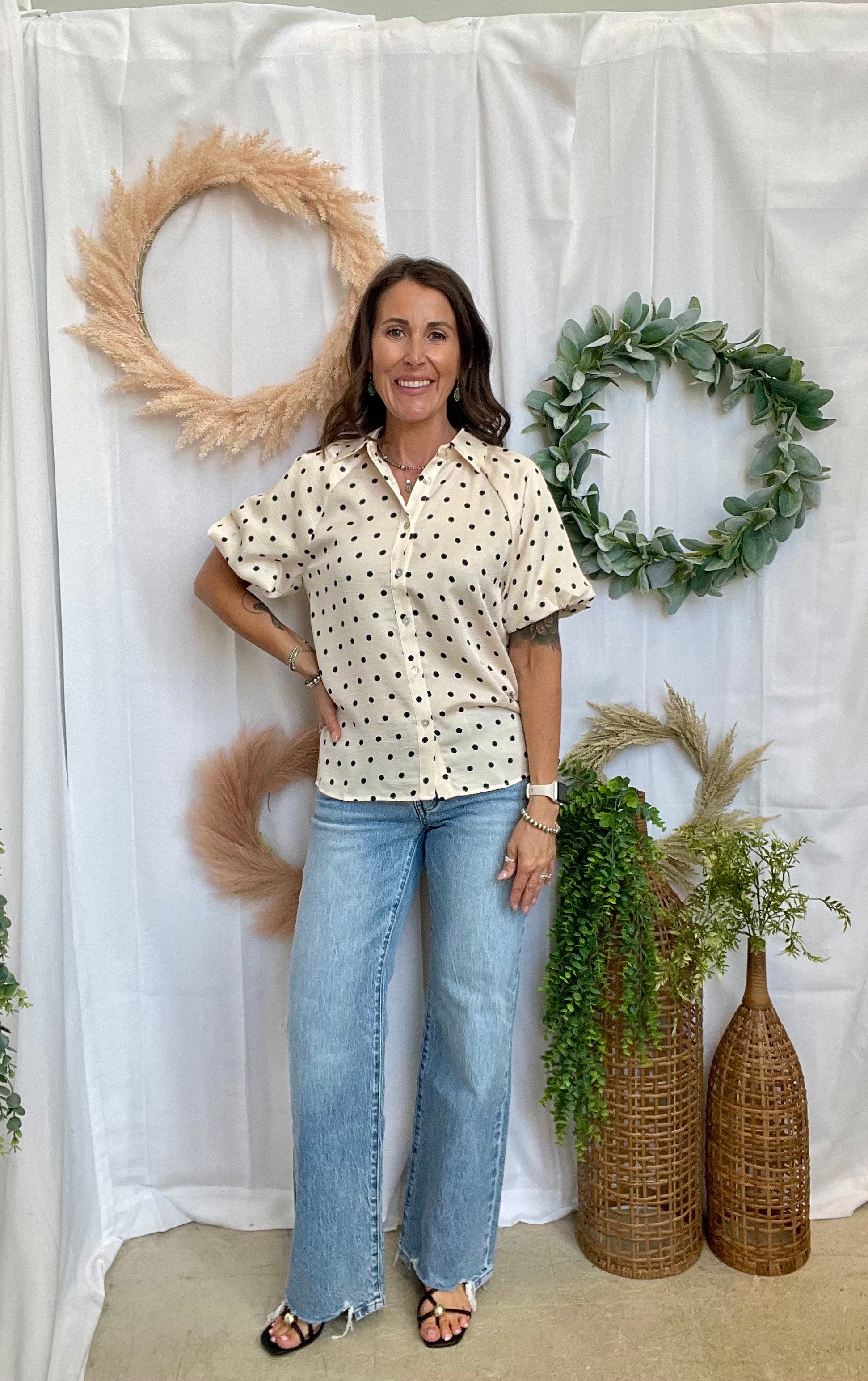 Rae Polka Dot Button Down Top-Short Sleeve Tops-Doe and Rae-The Silo Boutique, Women's Fashion Boutique Located in Warren and Grand Forks North Dakota