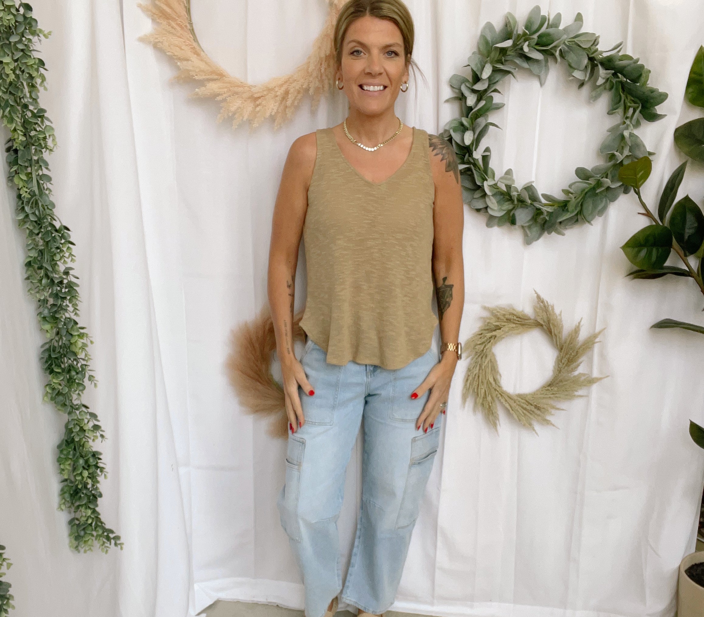 Mel V Neck Slub Tank Top-Camel-Tank Tops-Zenana-The Silo Boutique, Women's Fashion Boutique Located in Warren and Grand Forks North Dakota