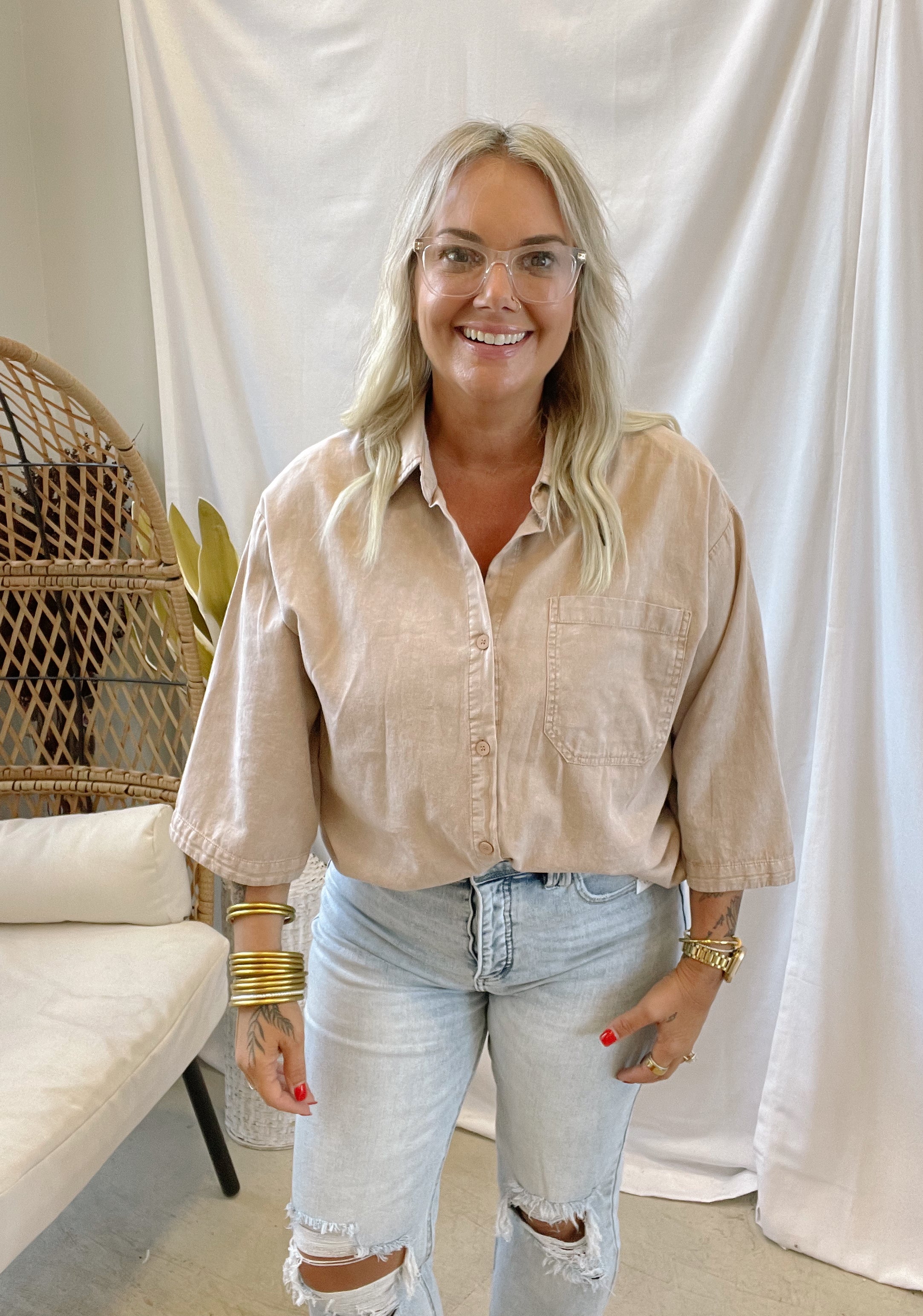 Taupe Button Down Long Sleeve Top-Long Sleeve Tops-hyfve-The Silo Boutique, Women's Fashion Boutique Located in Warren and Grand Forks North Dakota