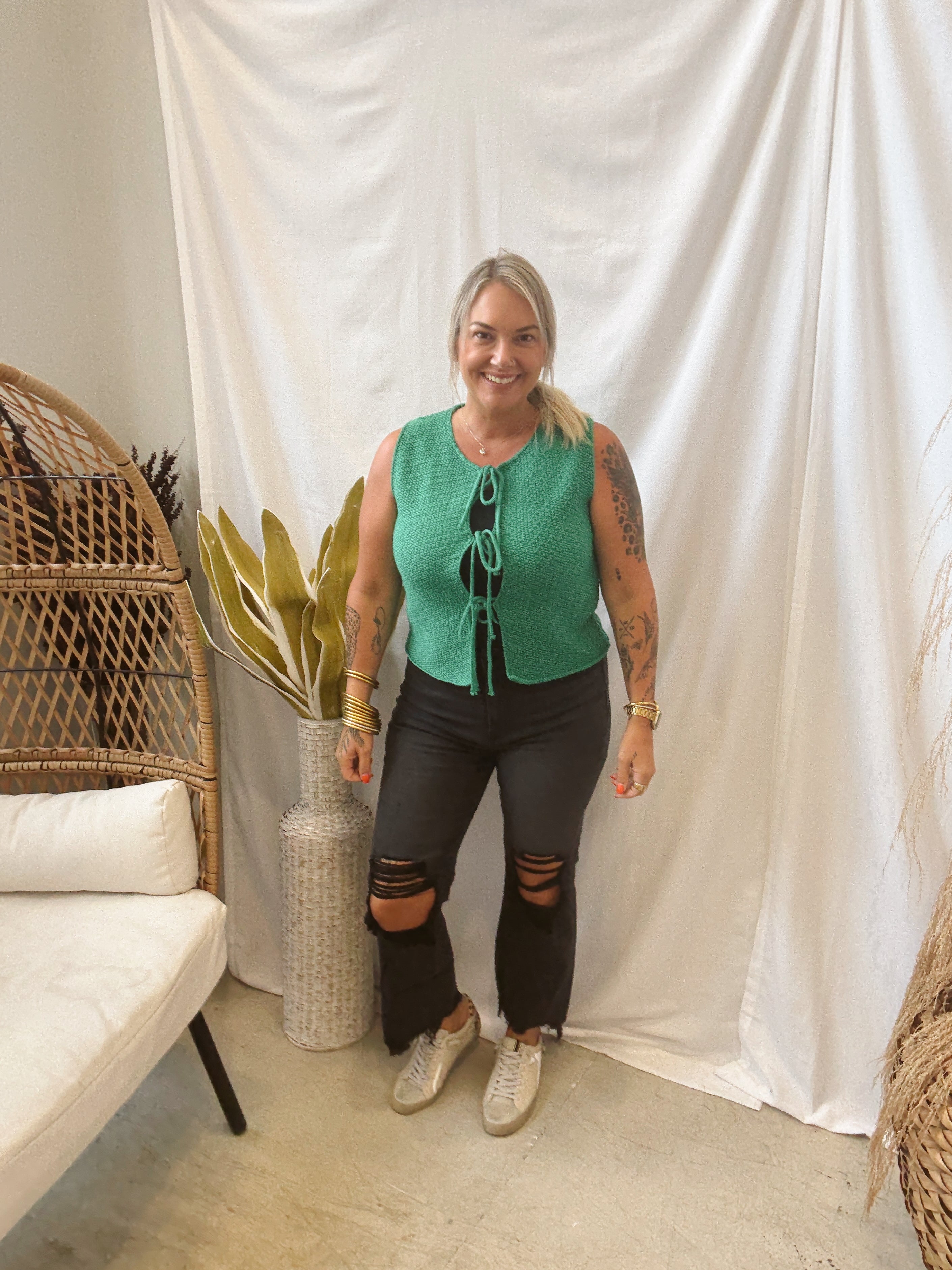 Kelly Green Tie Front Sweater Tank-Vests-Zenana-The Silo Boutique, Women's Fashion Boutique Located in Warren and Grand Forks North Dakota