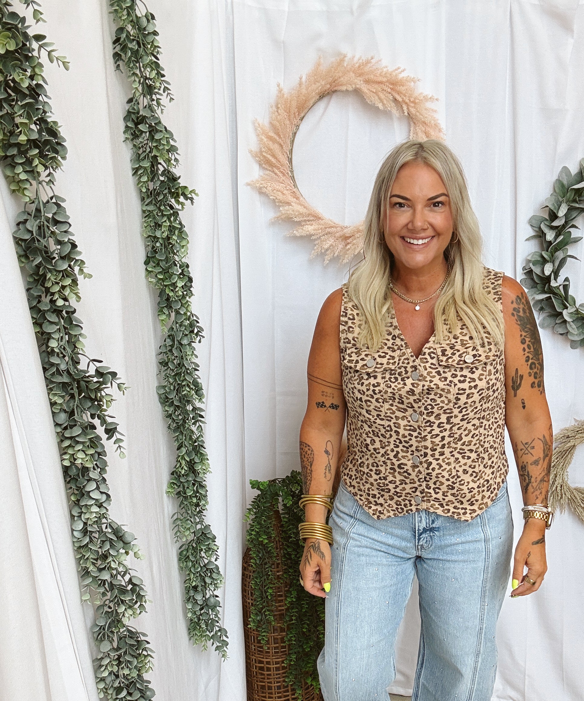 Risen Leopard Denim Vest-Vests-risen-The Silo Boutique, Women's Fashion Boutique Located in Warren and Grand Forks North Dakota