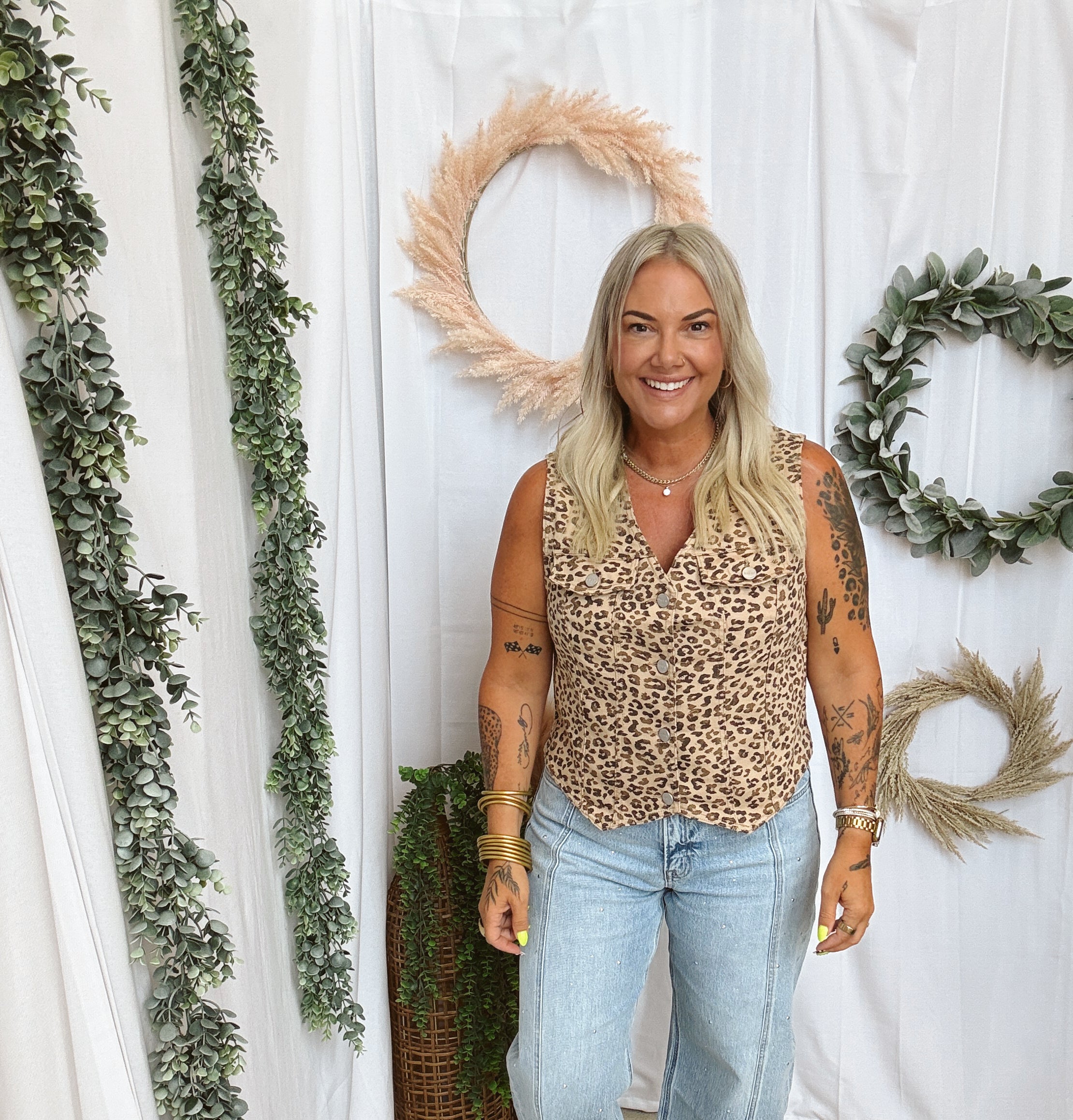 Risen Leopard Denim Vest-Vests-risen-The Silo Boutique, Women's Fashion Boutique Located in Warren and Grand Forks North Dakota