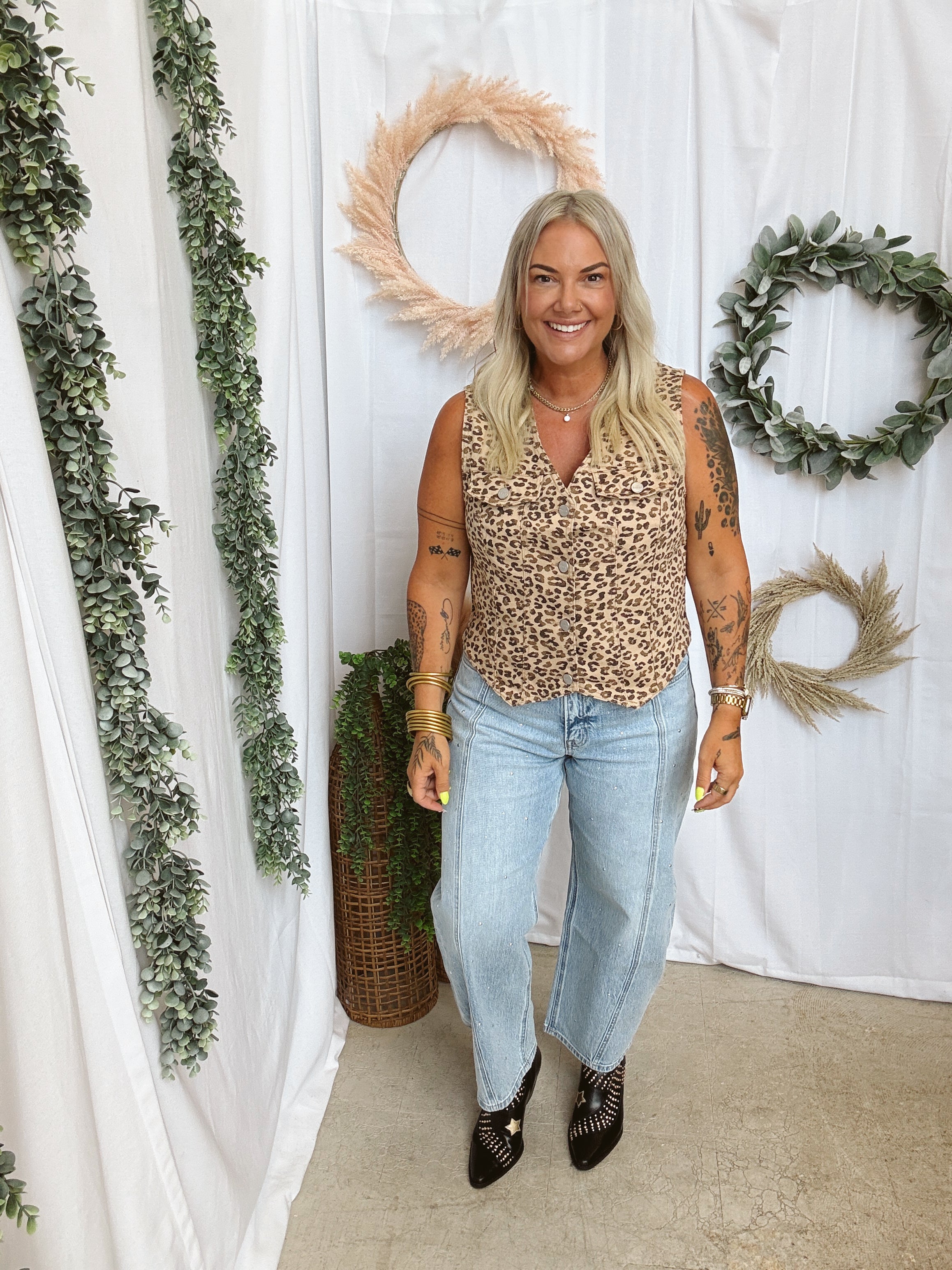 Risen Leopard Denim Vest-Vests-risen-The Silo Boutique, Women's Fashion Boutique Located in Warren and Grand Forks North Dakota