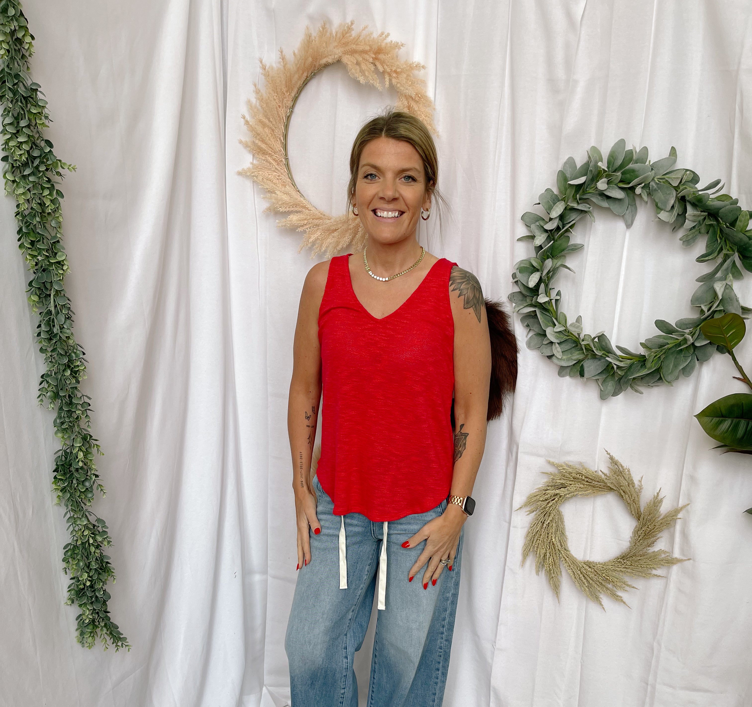 Mel V Neck Slub Tank Top-Red-Tank Tops-Zenana-The Silo Boutique, Women's Fashion Boutique Located in Warren and Grand Forks North Dakota