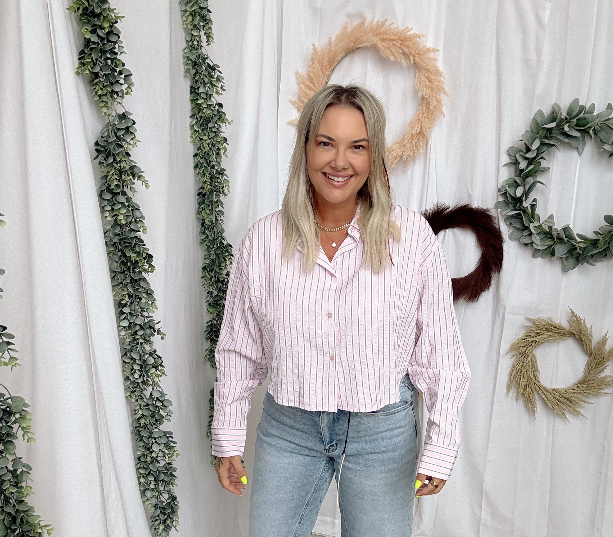 Pinstripe Crop Button Down Top-Long Sleeve Tops-curds-The Silo Boutique, Women's Fashion Boutique Located in Warren and Grand Forks North Dakota